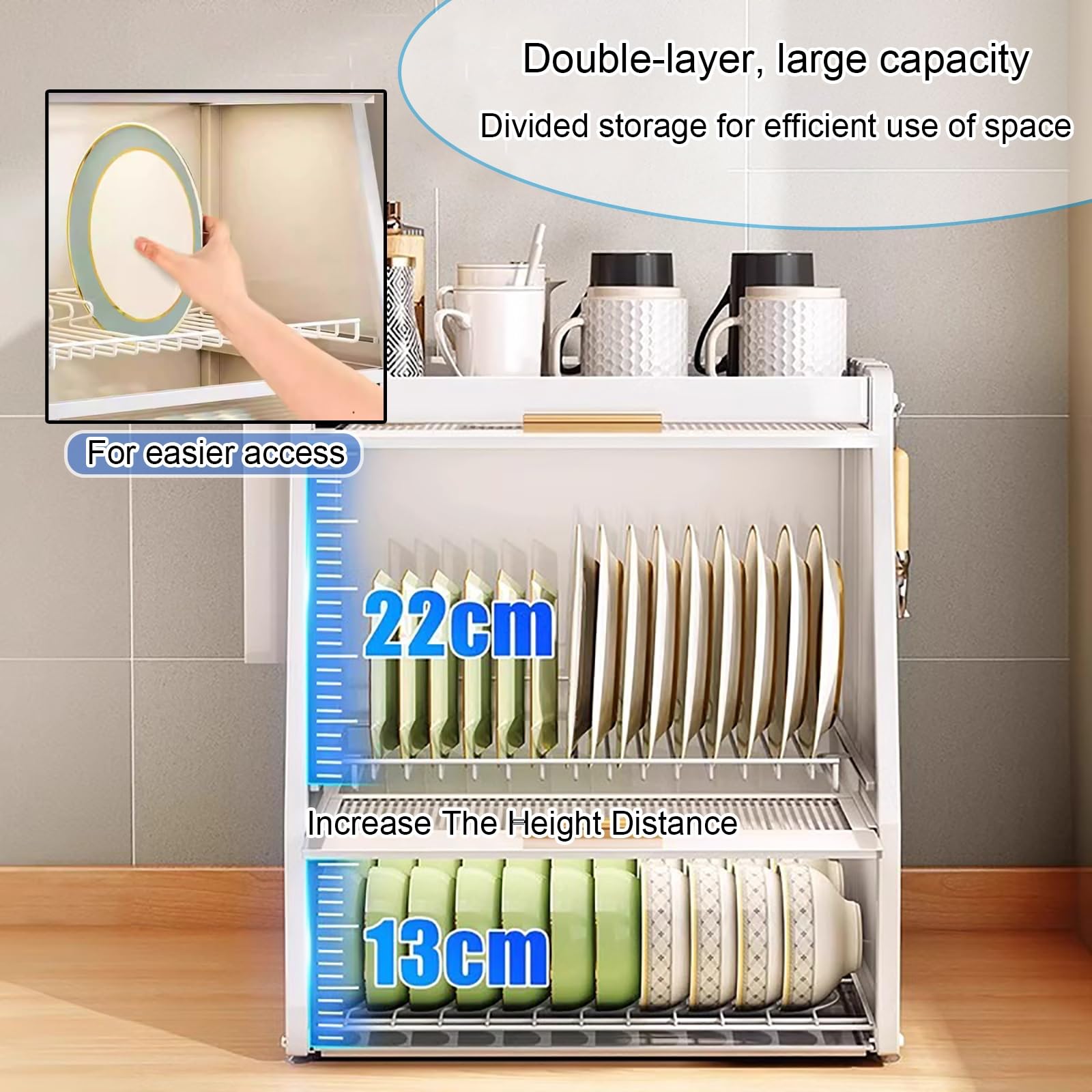 Escurridor de platos, organizador de encimera de cocina, estante de almacenamiento de acero al carbono con gabinete de cubierta abatible, diseño que ahorra espacio para platos, vasos y cuencos
