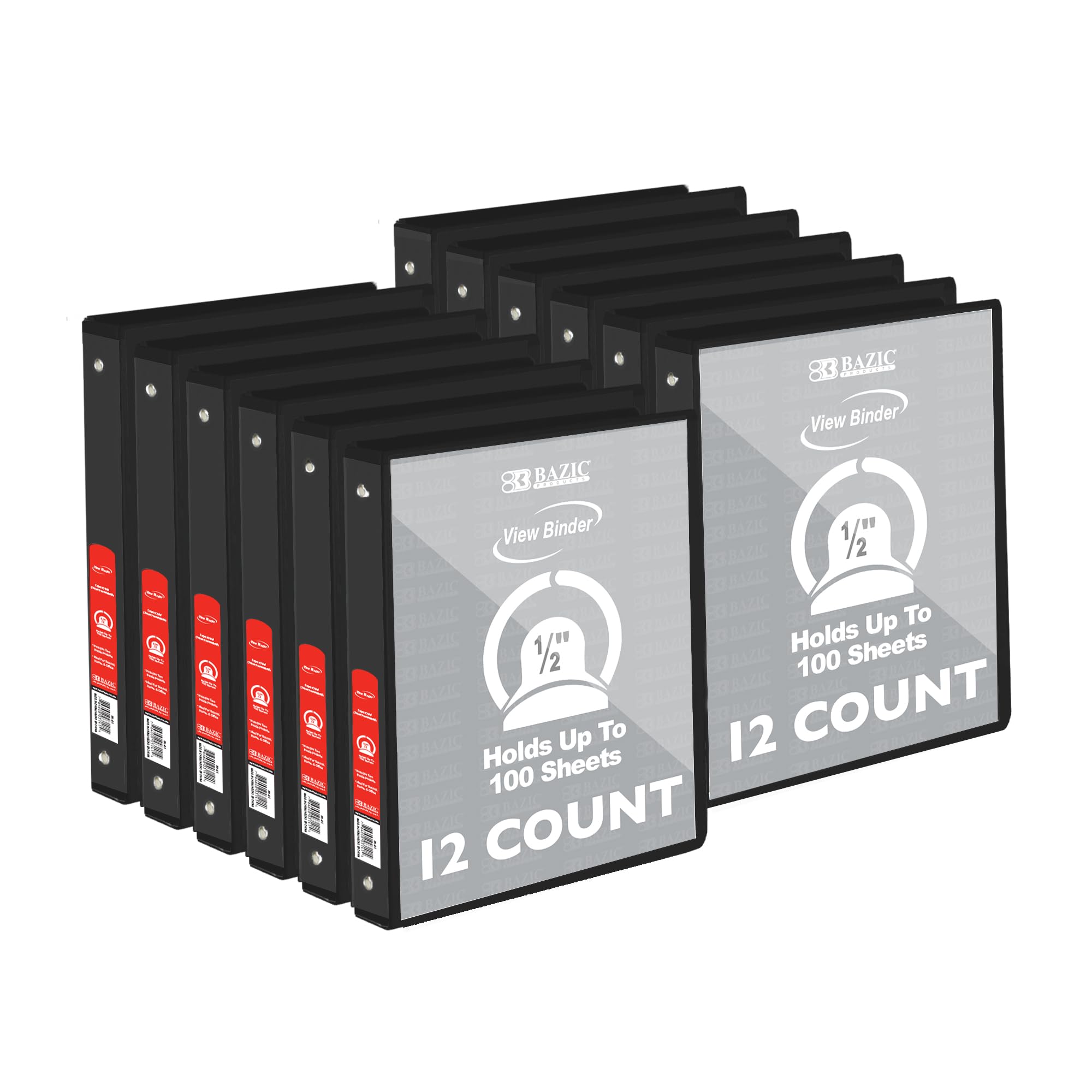 BAZIC Products 1/2 in Black 3-Ring View Binder, Round Ring, 12-Case