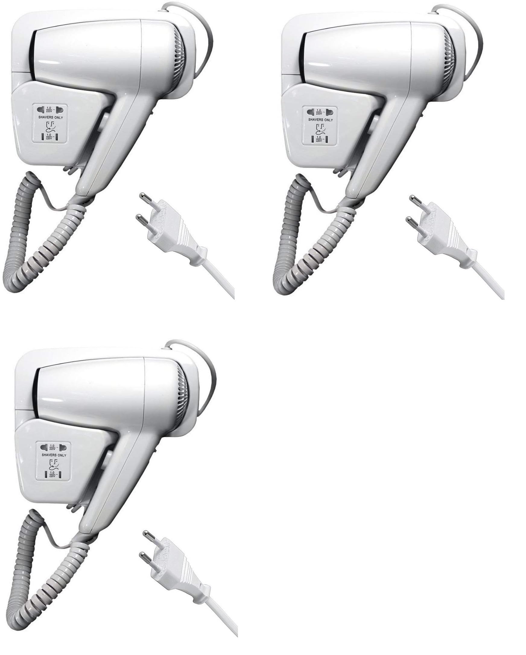 3 pezzi Asciugacapelli da Parete 1300W per Hotel, B&B, Palestra – Phon Professionale con Supporto da Muro, Sicurezza IP21, Presa Rasoi Integrata, Bianco - CW512-3