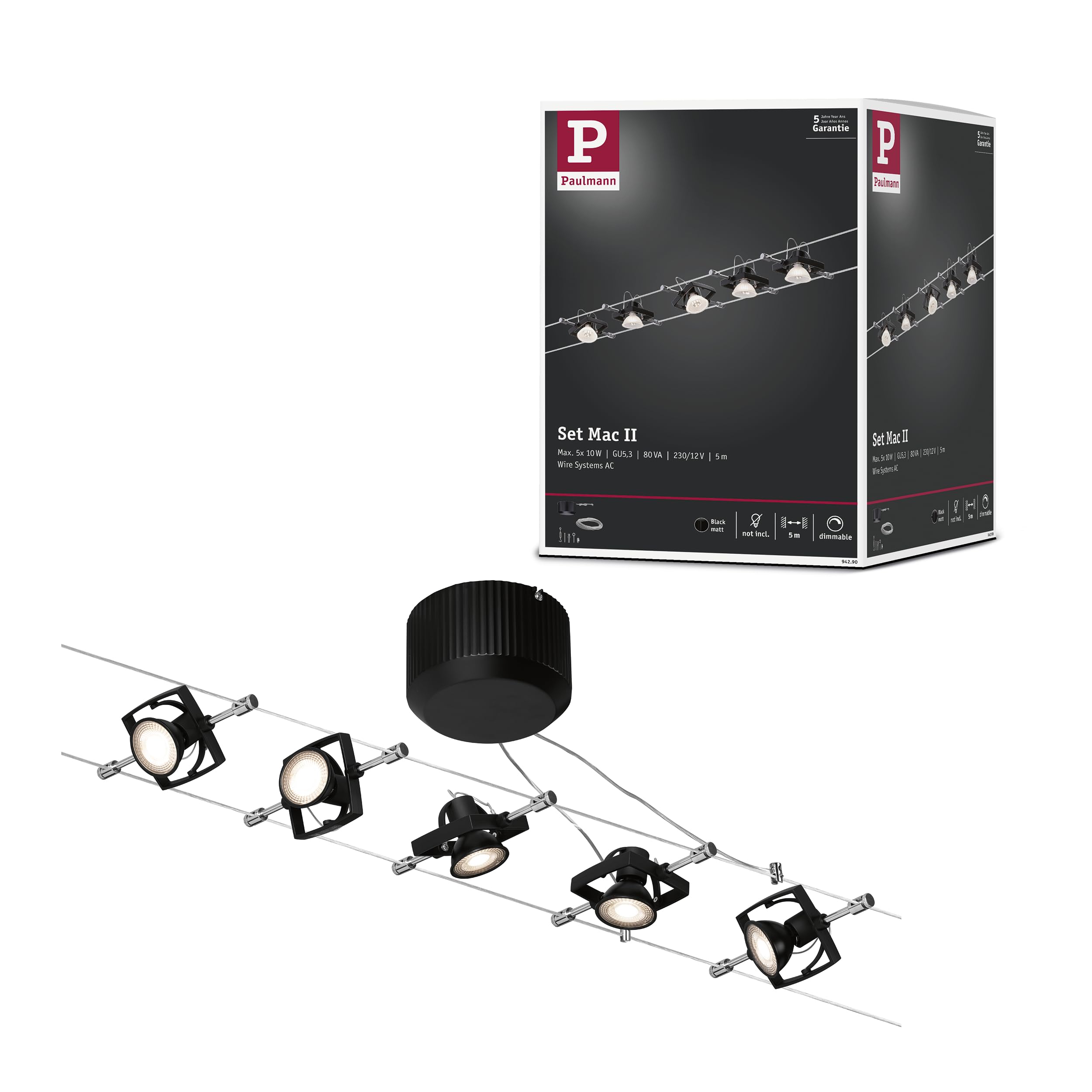Paulmann 94290 Seilsytem Mac II carré max. 5x10 watts lampe suspendue Noir mat lampe sur câble Métal, plastique éclairage GU5,​3
