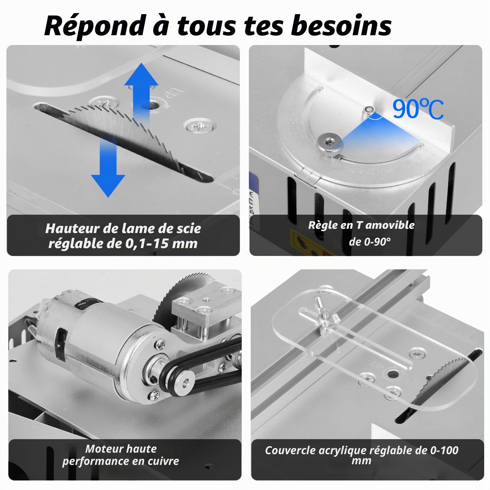 Mini scie circulaire de table avec disque de polissage et 4 lames, mini scie circulaire avec bloc d'alimentation à 7 vitesses, lame de scie réglable en hauteur de 0,1 à 15 mm, portable, petite scie