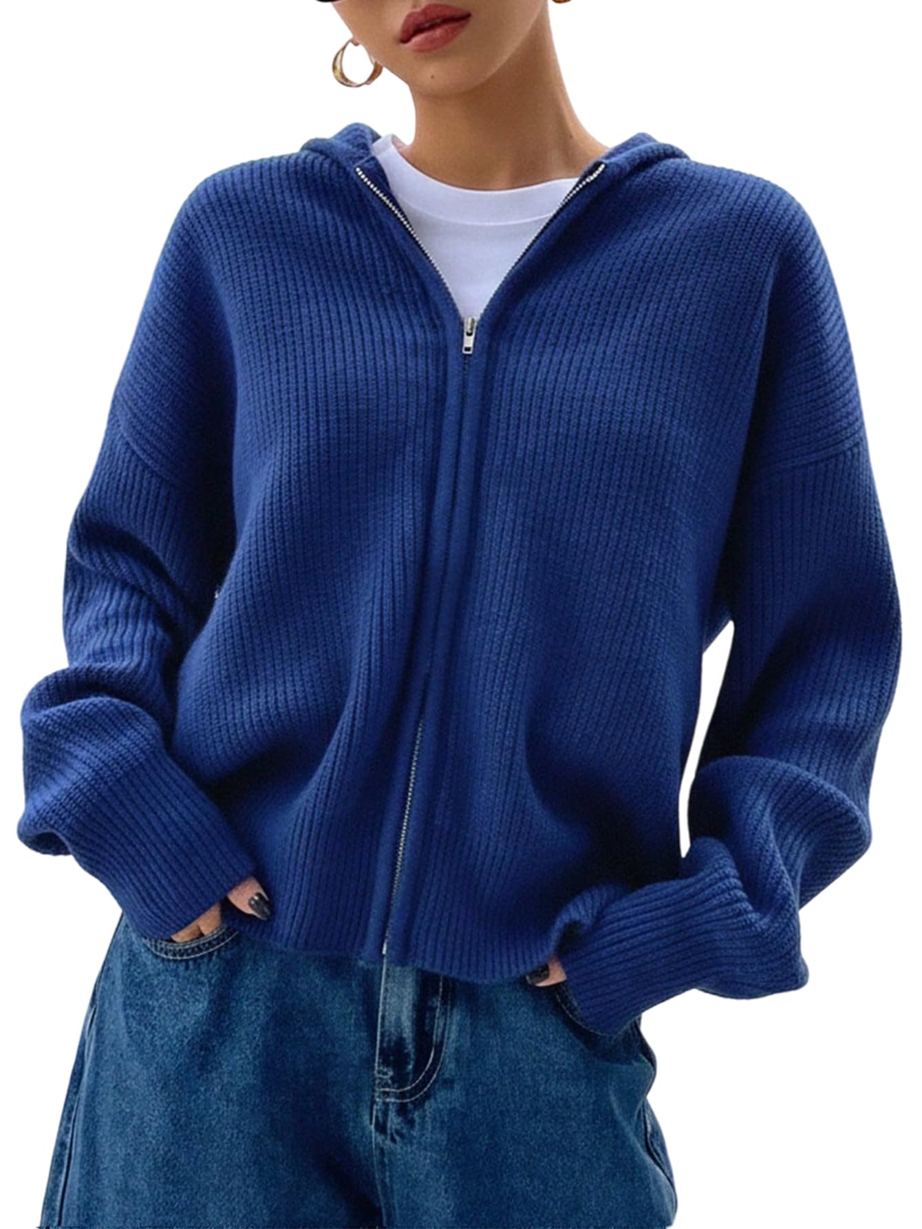 SOLY HUX Zip Up Cardigan for Women Hooded Cardigan Sweater Knitted Drop Shoulder Fall Clothes Winter Hoodies Outerwear