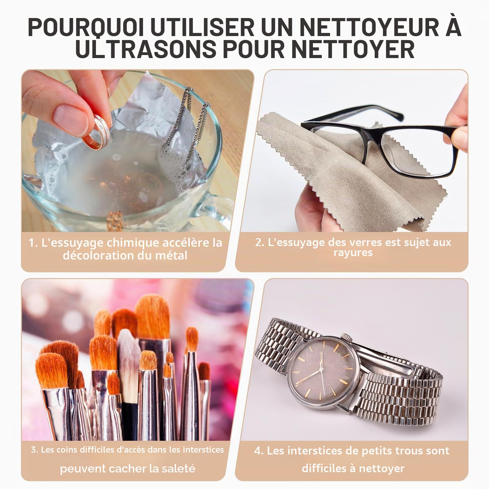 Nettoyeur à Ultrasons 50W, Hogance 48KHz Nettoyeur Ultrasonique 600ML avec 4 Timer Réglages, Machine à Ultrasons pour Prothèses Dentaires, Bagues, Montre, Pièces de Monnaie, Rasoirs