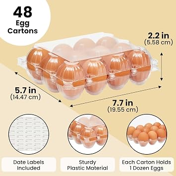 Stockroom Plus Clear Plastic Egg Cartons - Clear Containers with Date Labels - Bulk Egg Storage Set - Reusable Storage Containers - 12-Count, Pack of 48