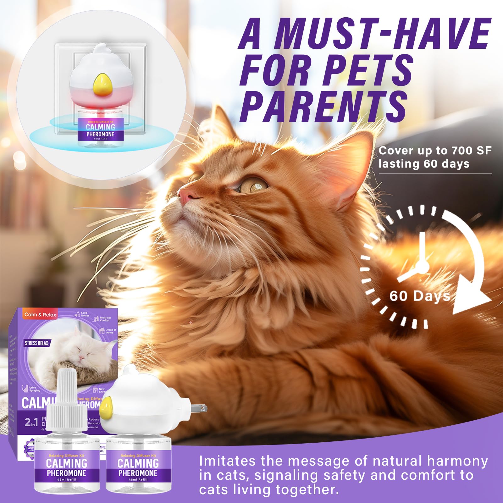 Feromoni per Gatti, 2 Ricariche 48 ml, Adatto per Più Gatti | Diffusore di Ferormoni per Gatto per Ridurre Graffi e Marcature, Soluzione Relax per Gatti per 60 Giorn