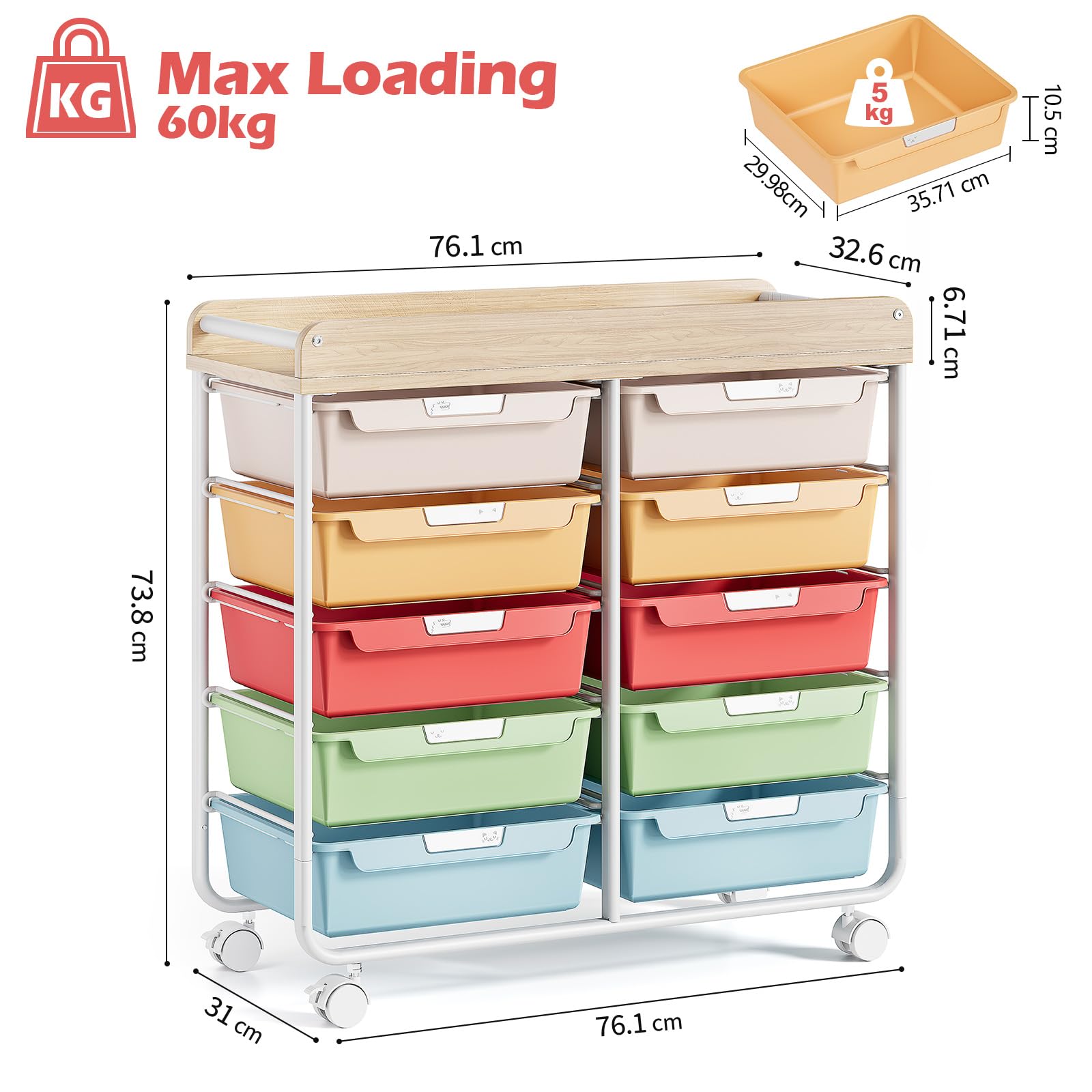 KINGRACK Rollcontainer mit 10 Schubladen, Rollwagen mit Schubladen für Bastelbedarf, Kunstmaterialien, Home Offices und Klassenzimmer (Bunt)