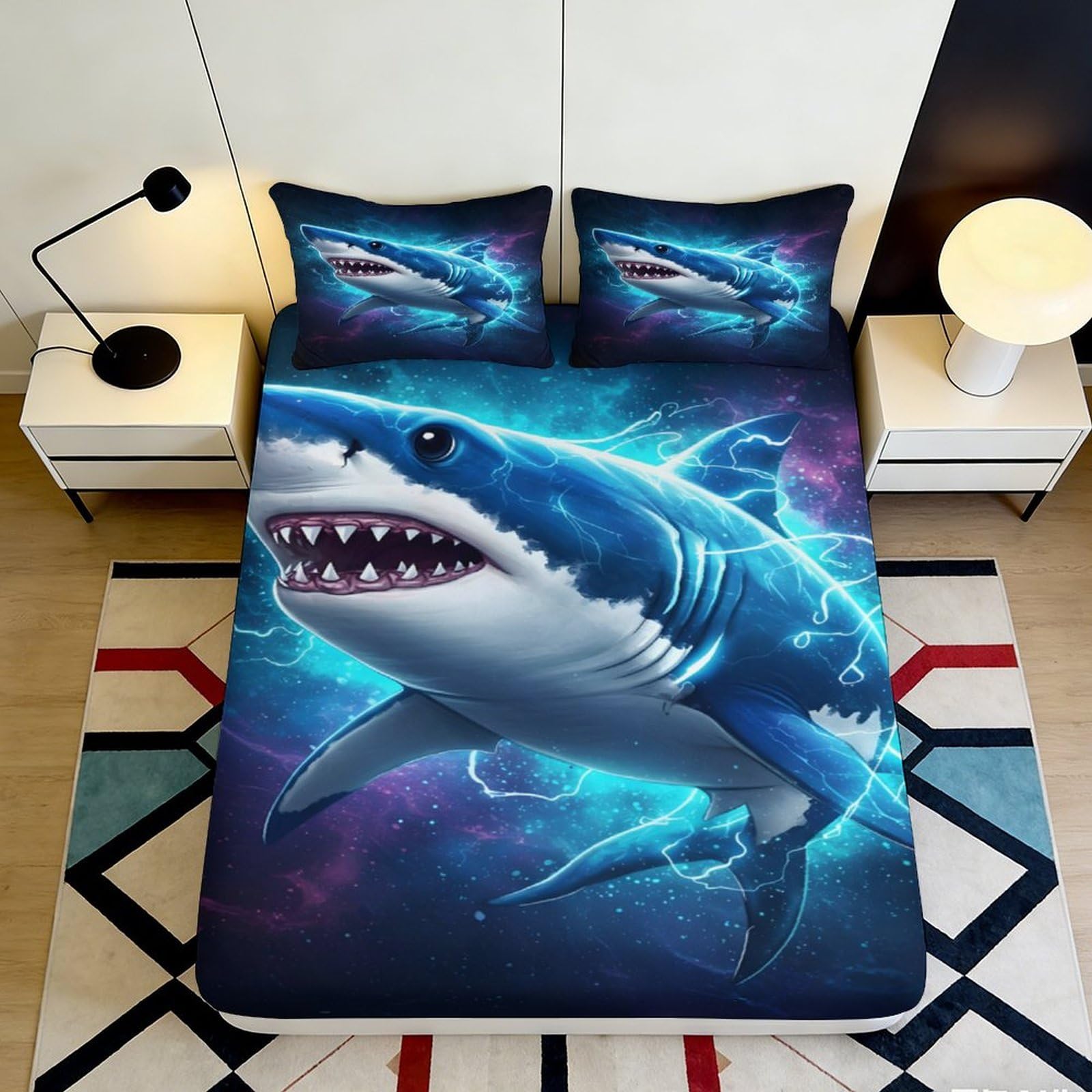 3D Printed Shark Ocean Fitted Sheet Microfiber Soft Anti-Slip Blue Lightning Mattress Cover for Bedroom Guest Room Decor 90x200x25cm