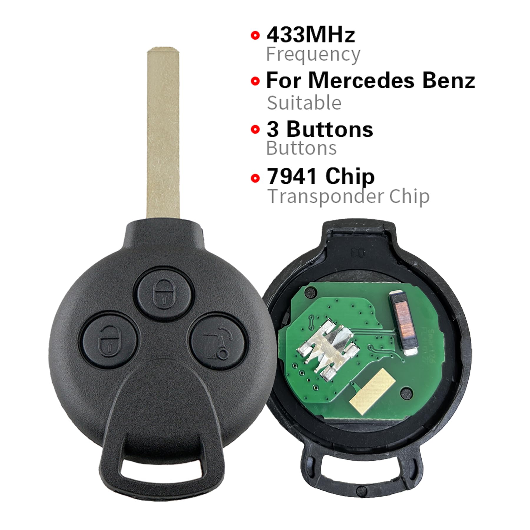 Heart Horse 3 Tasti Ricambio Chiave Telecomando Auto Compatibile Mercedes Benz Smart Fortwo 451 433MHz PCF7941