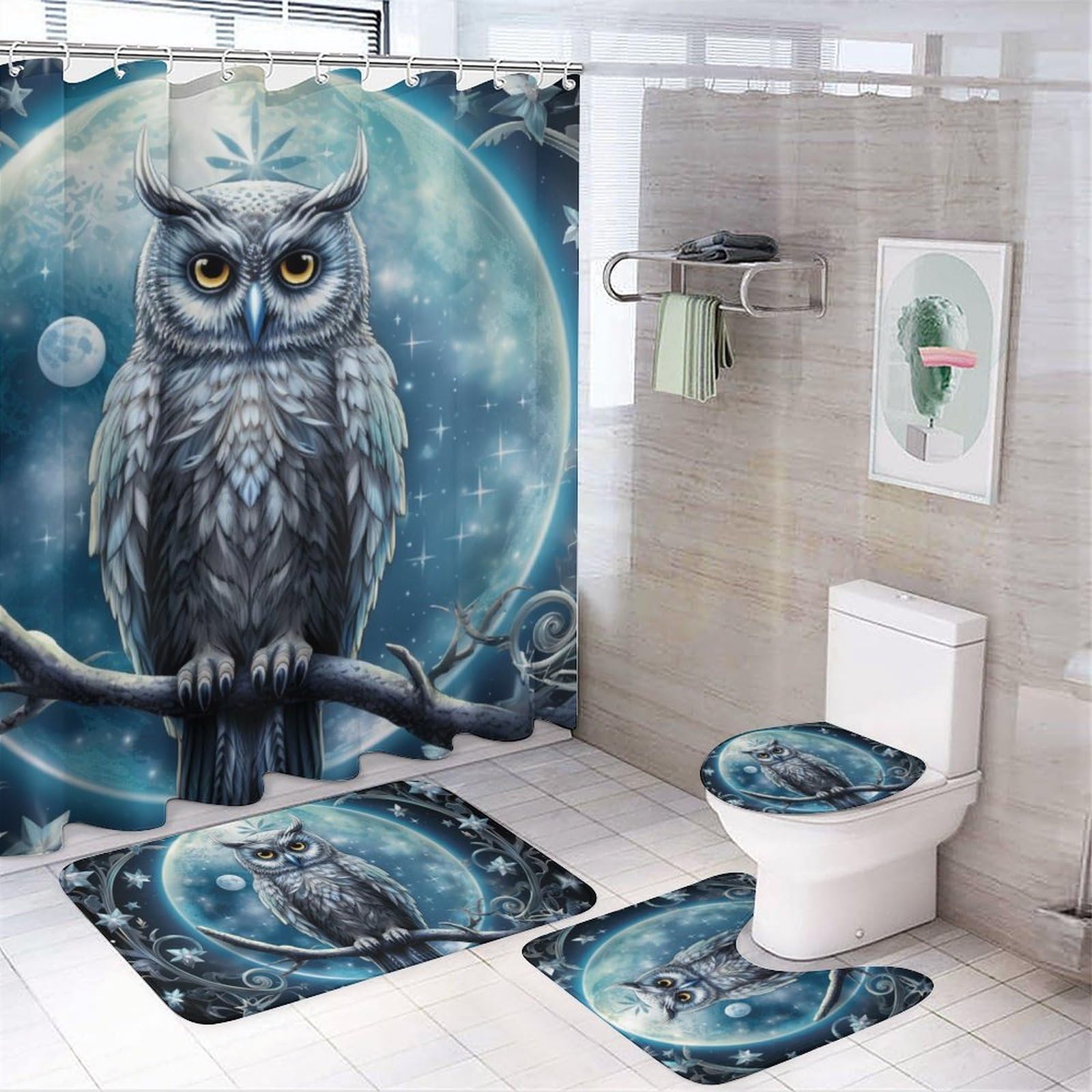 Dunmat Fantasy Owl Shower Curtain Set for Bathroom 4Pcs Mystery Cool Animal Bird Retro Bathroom Sets with Rugs Toilet Lid Cover Bath Mat Shower Curtain Set with Hooks, Bathroom Decor