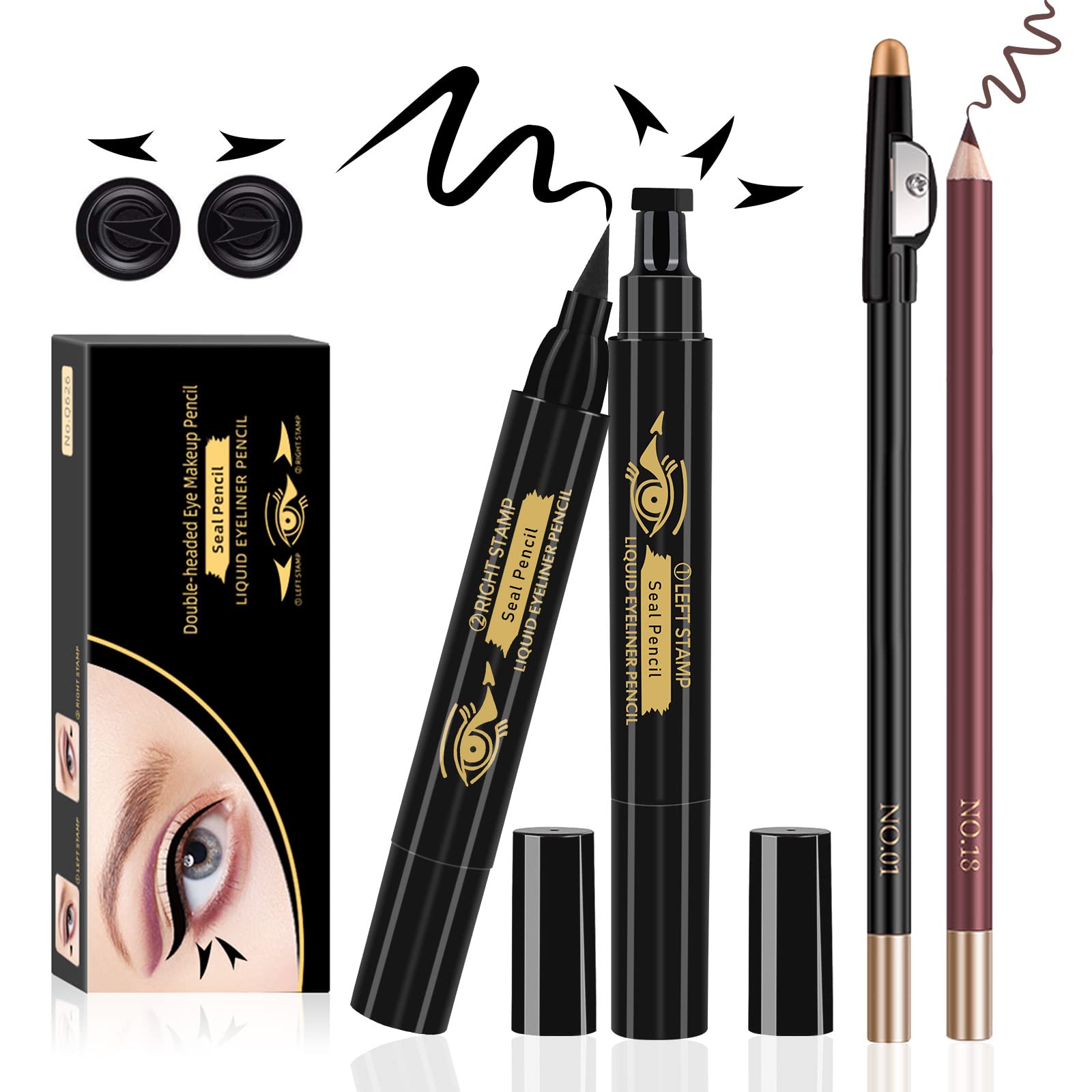 POPMISOLER4Pack Winged Eyeliner Stamp and Eyebrow Pencil, Left & Right Black Eyeliner Set, Smudge Proof & Waterproof