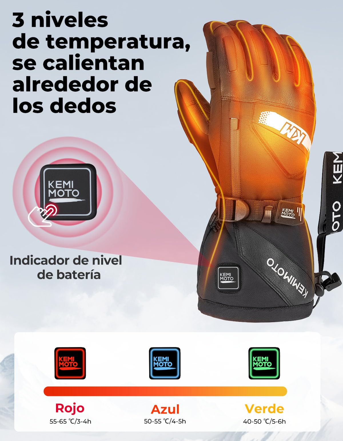 KEMIMOTO Guantes Moto Calefactables, Retención de Calor Desde -20℃ a -5℃, con Protección de Almohadilla EVA, 3 Niveles de Calefacción y 2500mAH, Esquí, Patinaje Actividades de Invierno