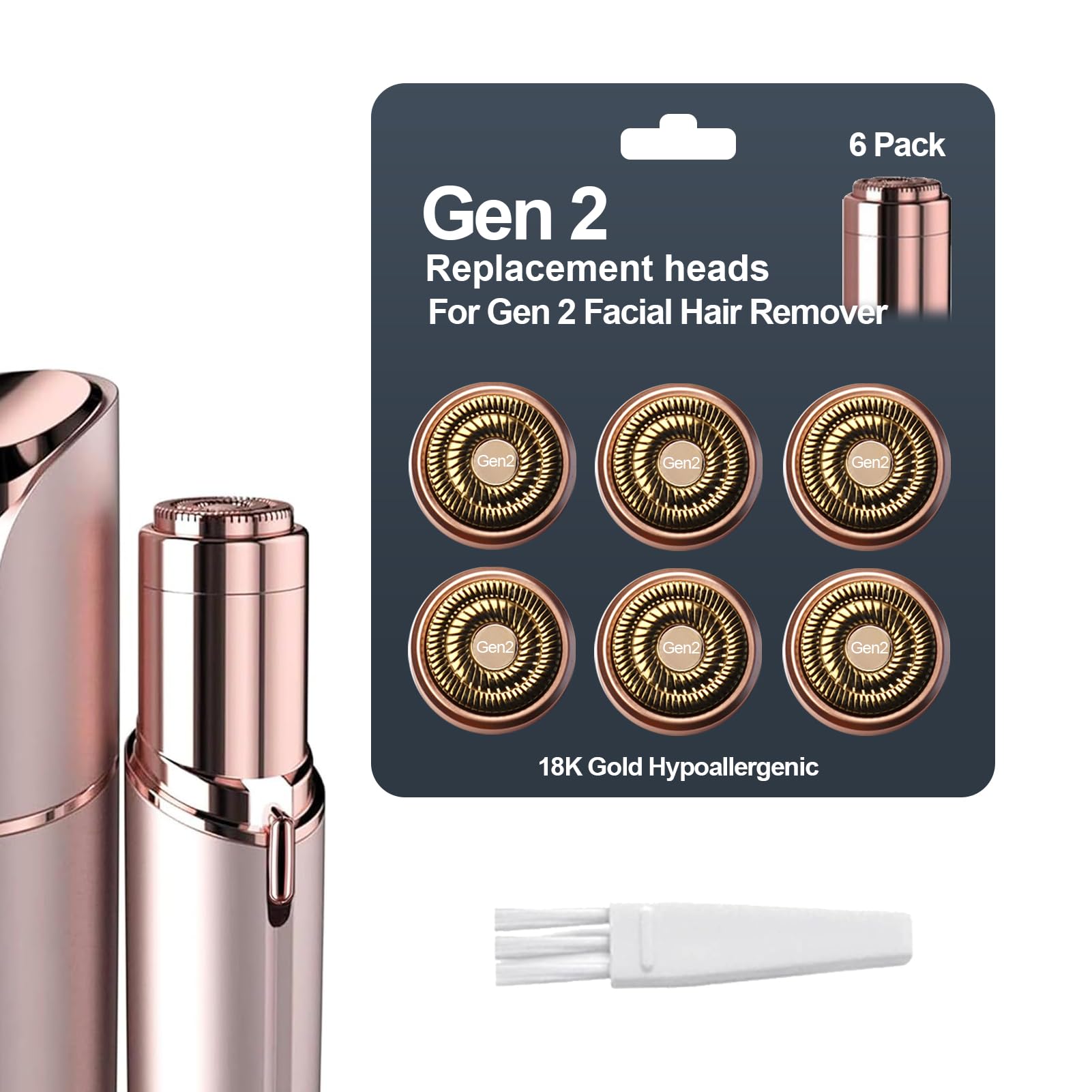 6Pack Facial Rose Gold Gen 2 Replacement Heads for Flawless Hair Remover Generation 2, 18K Gold Double Blades