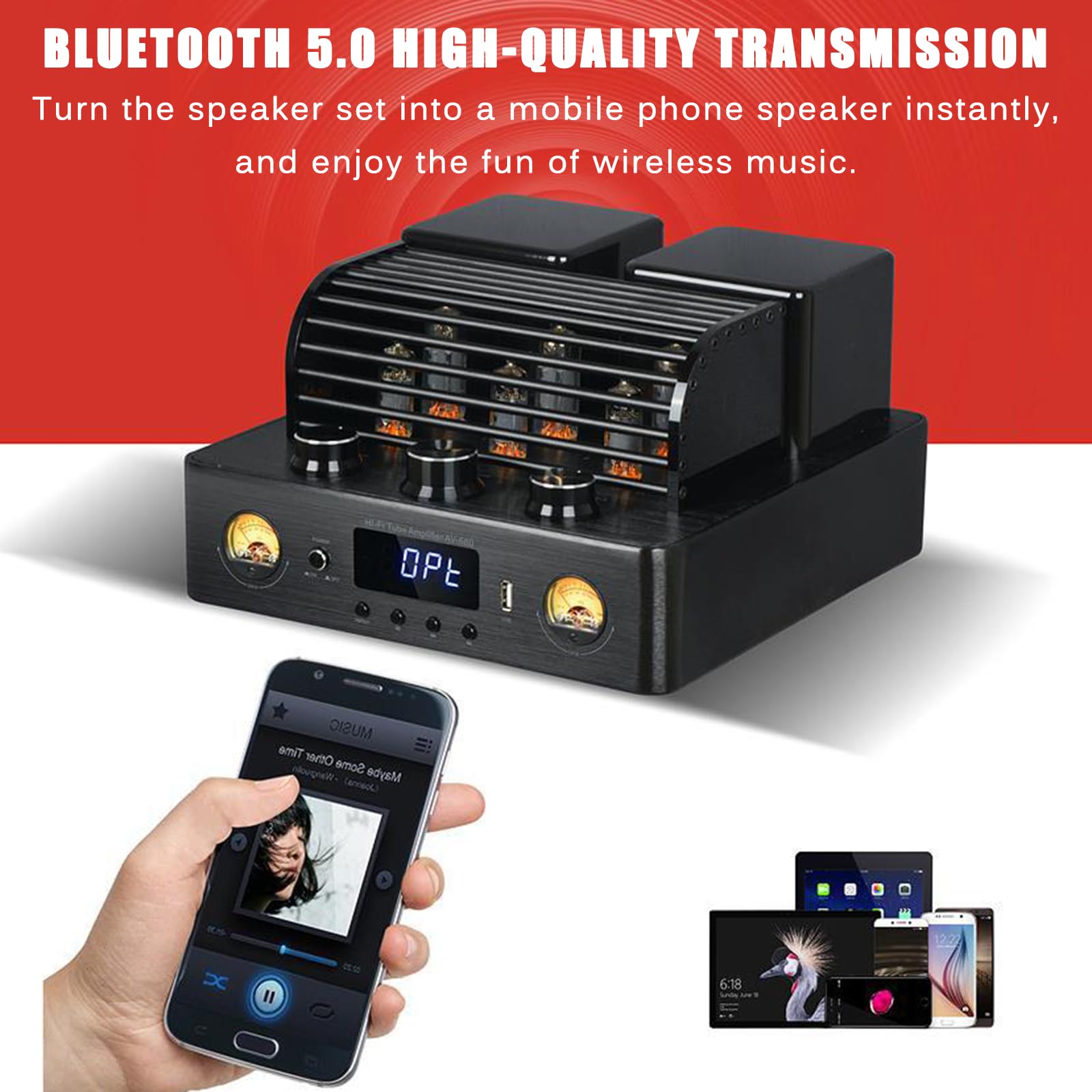 Amplificateur à Tube Hybride stéréo, récepteur stéréo pour cinéma Maison, entrée Source Audio Fibre Optique/coaxiale, Lecture USB sans Perte, pour Musique Audiophile, cinéma Maison et Jeux