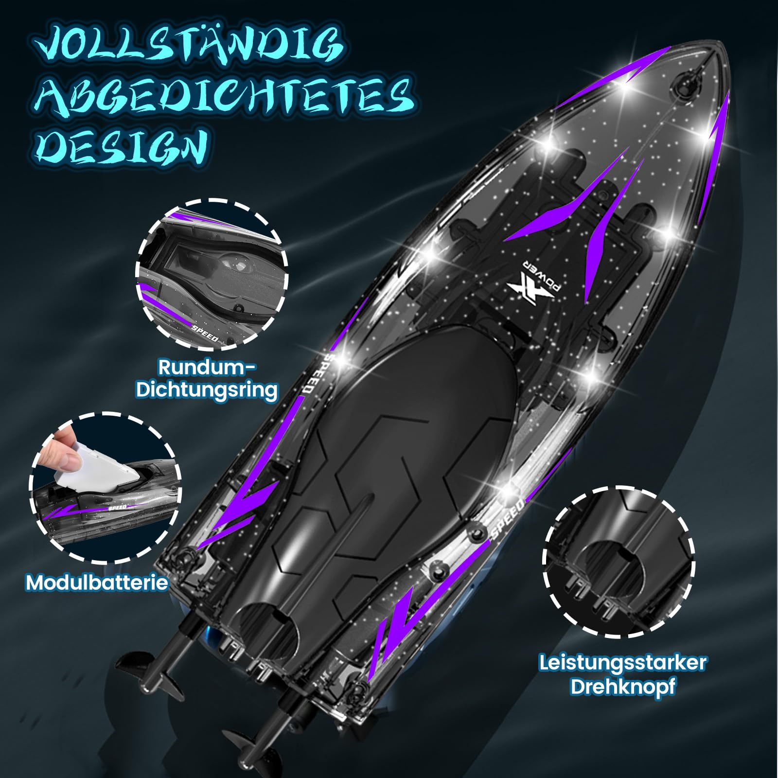 JONRRYIN Ferngesteuertes Boot Mit LED-Licht - 2,4 GHz RC Speedboot Für Pool Und See