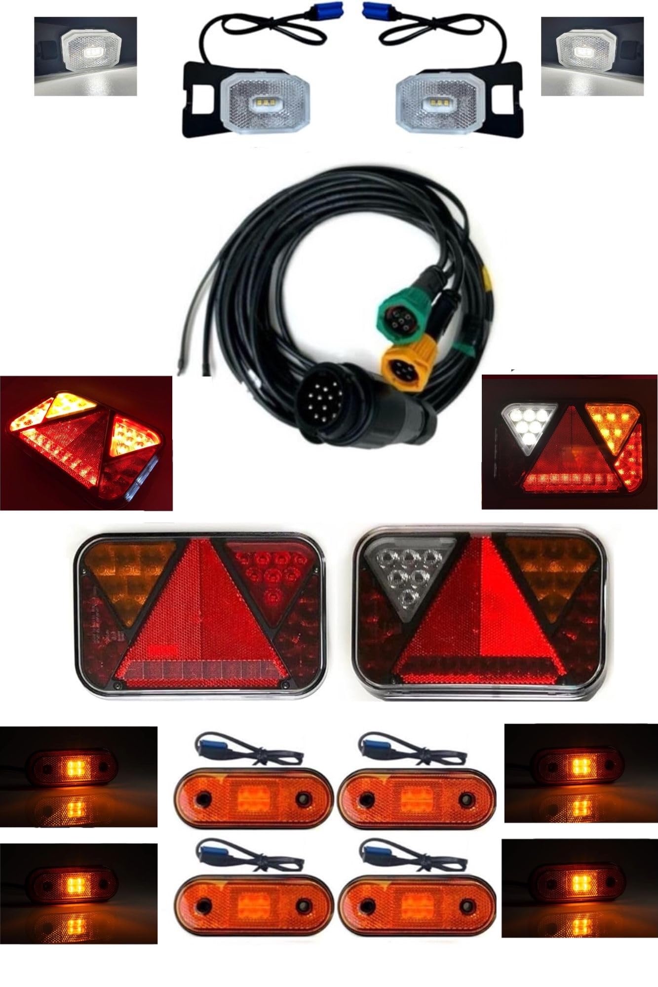 LED Anhängerbeleuchtung Komplettset 13-polig Rückleuchten Umrissleuchten E9 Wohnwagen Trailer LKW 12V 24V Bremslicht Blinker Nebelschluss Rückfahrlicht IP69 (Kabel 7,7m/5,3m)