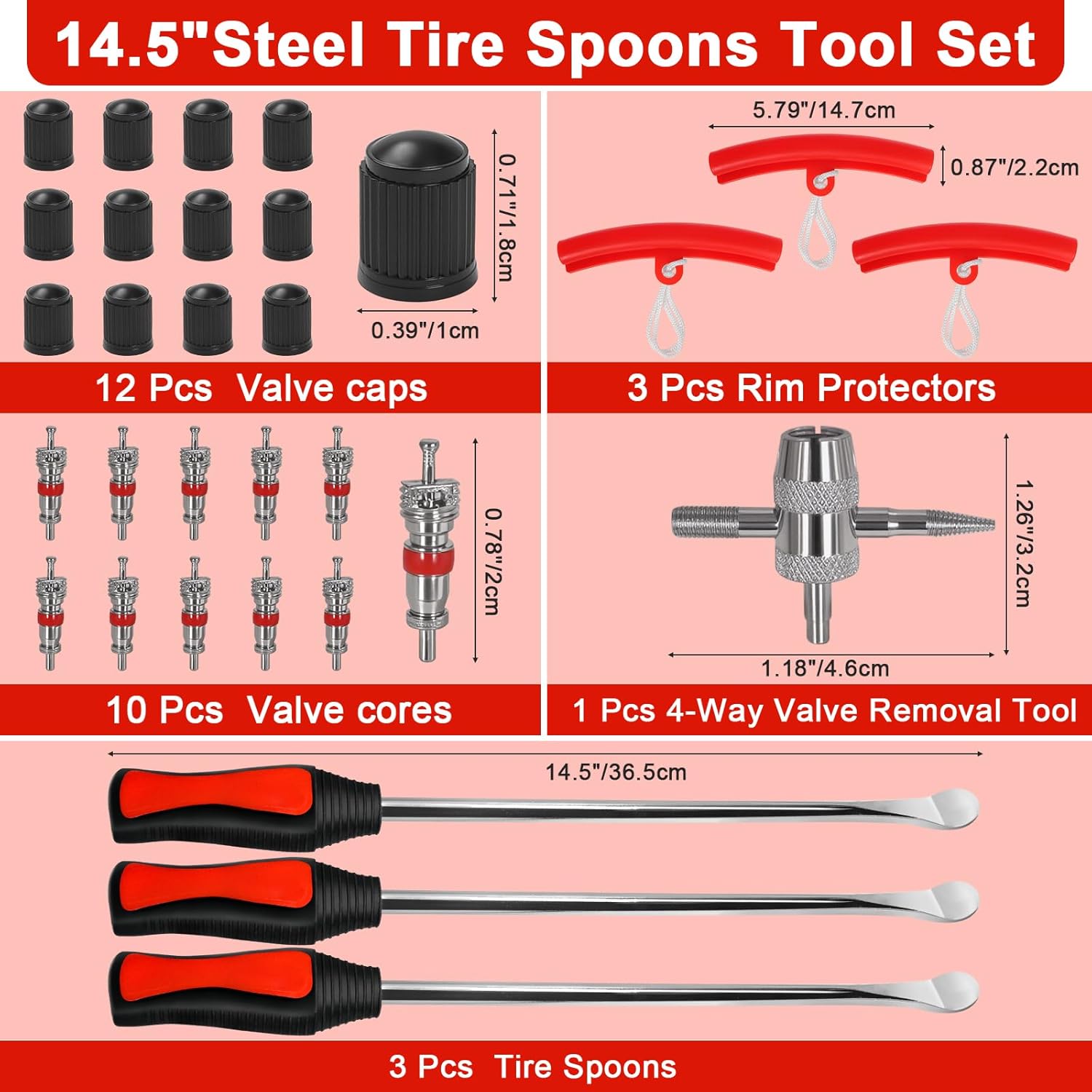 14.5" Tire Spoons Tool Set for Motorcycles Dirt Bike Lawn Mowers Iron Installation,3 Pcs Tire Bar Removal Mounting 10 Pcs Valve Cores,Rim Protector,Valve Changer Kit