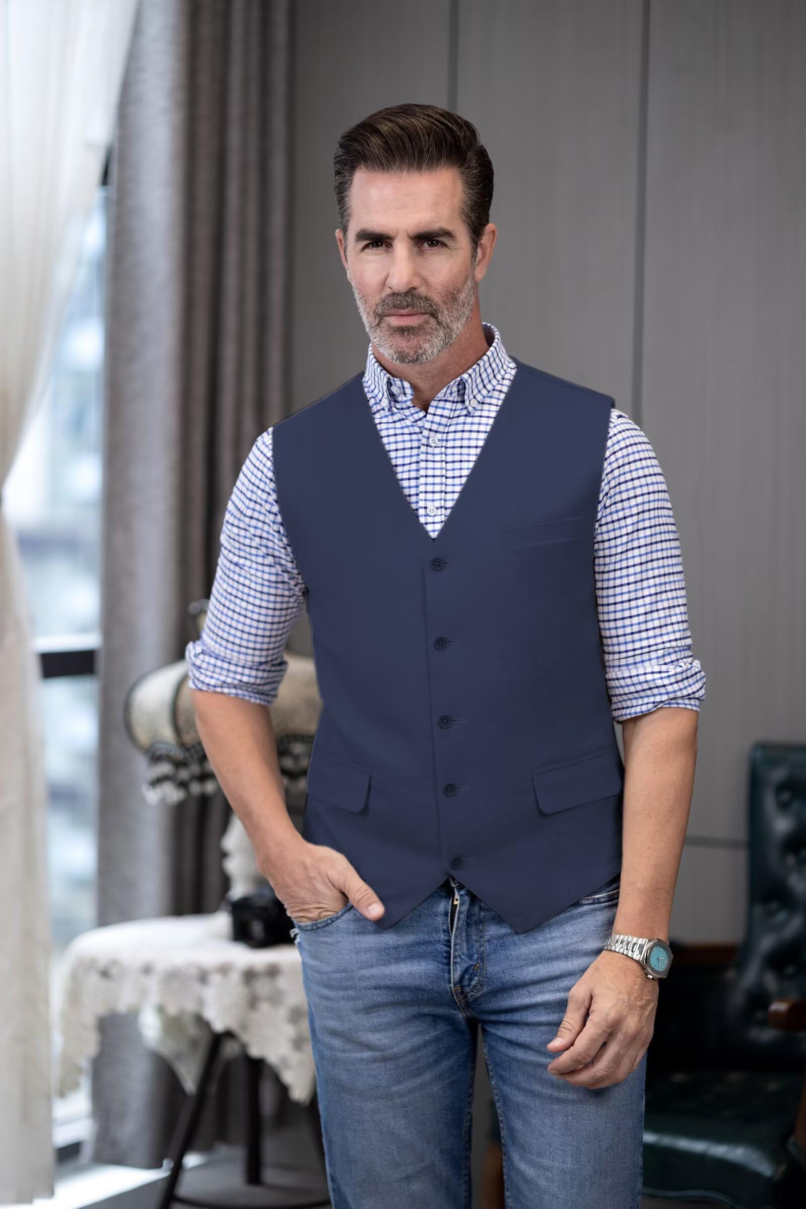 Solovedress Gilet da uomo, elegante, da uomo, estivo, in lino, per matrimoni e feste, Blu marino, 3XL