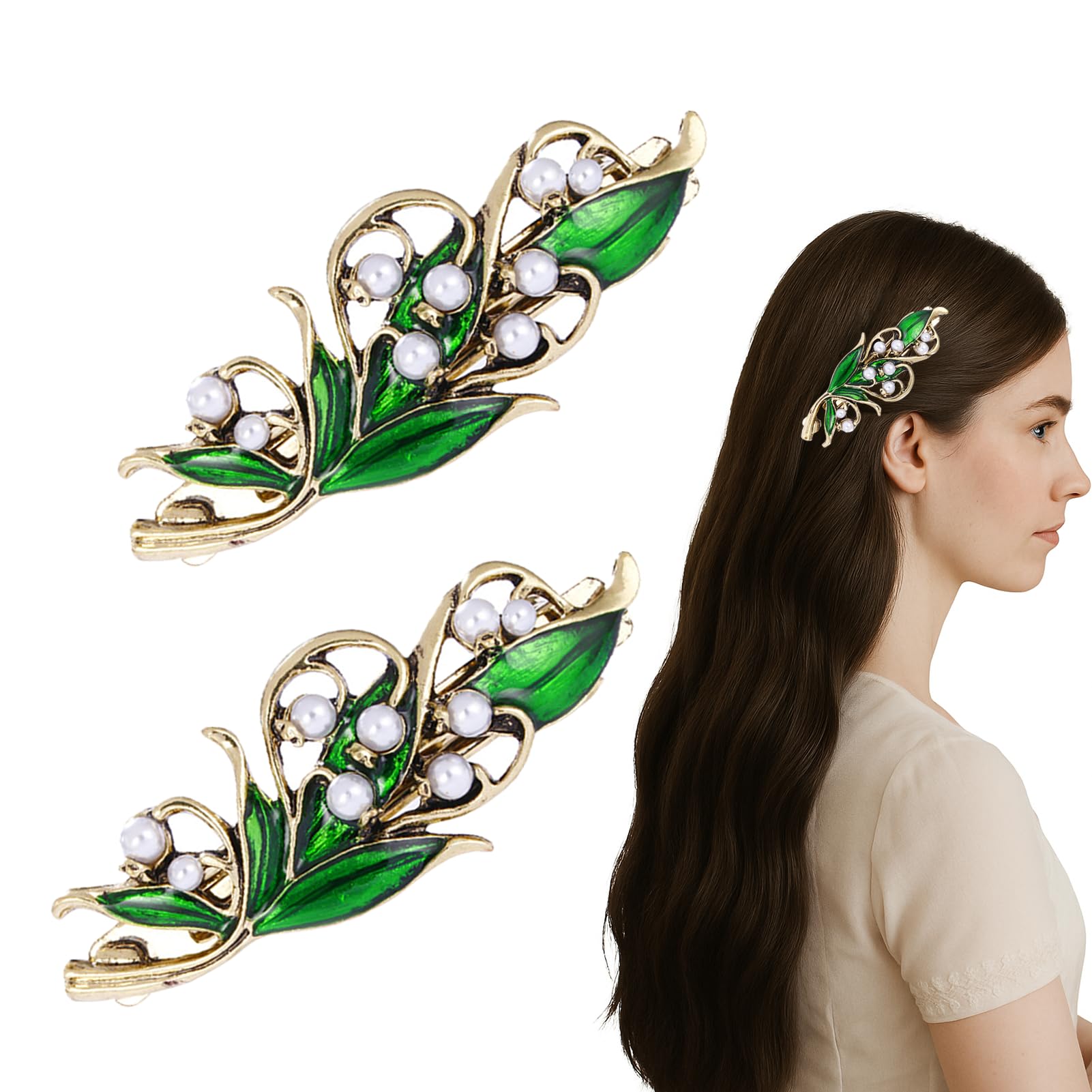 2Pcs Green French Vintage Leaf Hair Clip, Antique Metal Pearl Hair Barrettes for Women Green Hair Accessories
