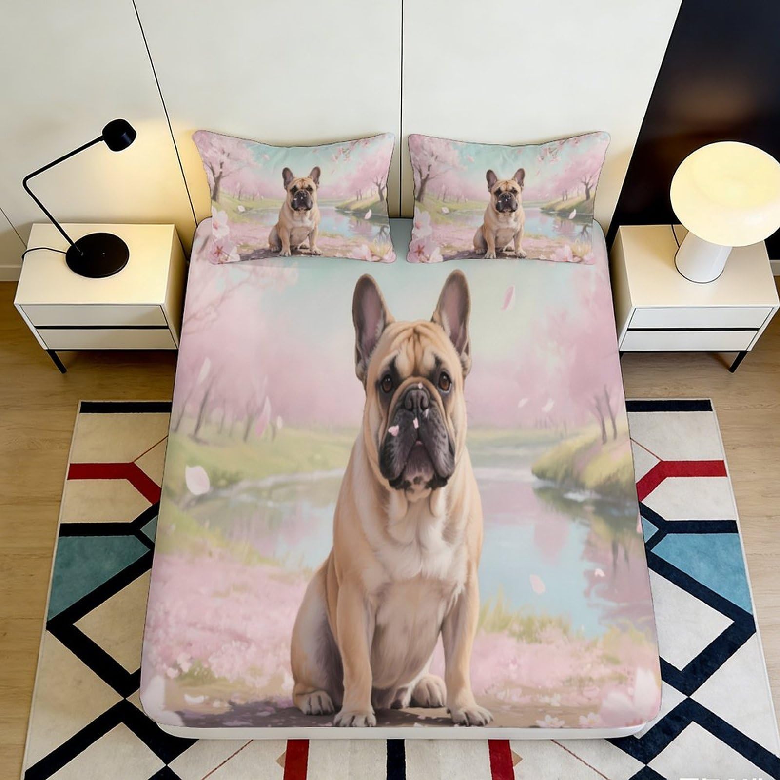 3D Printed French Bulldog Pattern Fitted Sheet Microfiber Soft Breathable Pink Floral Bed Cover for Bedroom Dormitory Guest Room Mattress Protection 200x200x25cm