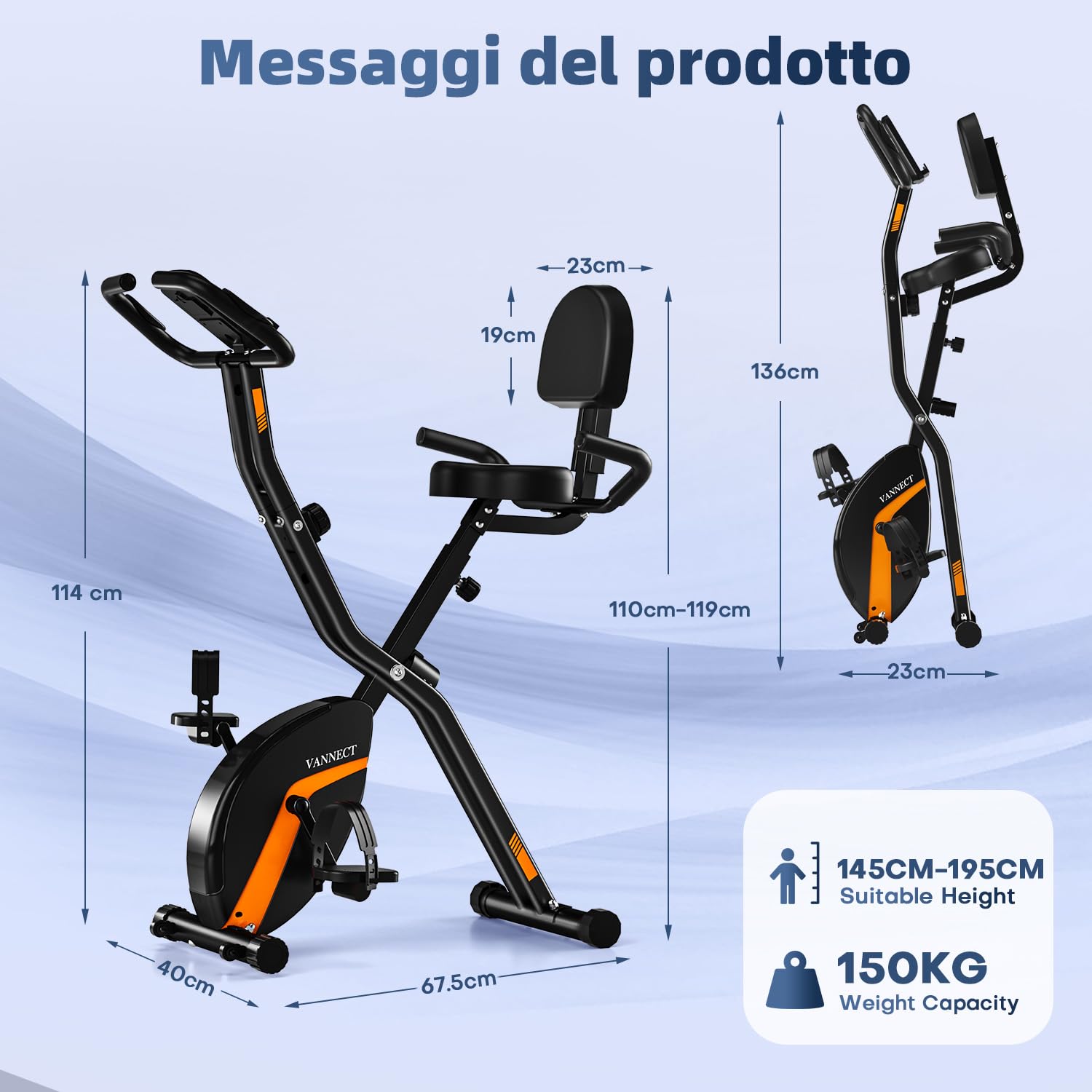 VANNECT Cyclette Pieghevole con Schienale e 8/16 Livelli di Resistenza, Magnetiche Cyclette da casa con fascia di resistenza, Monitor LCD Misurazione e Delle Pulsazioni Portata 150/160Kg