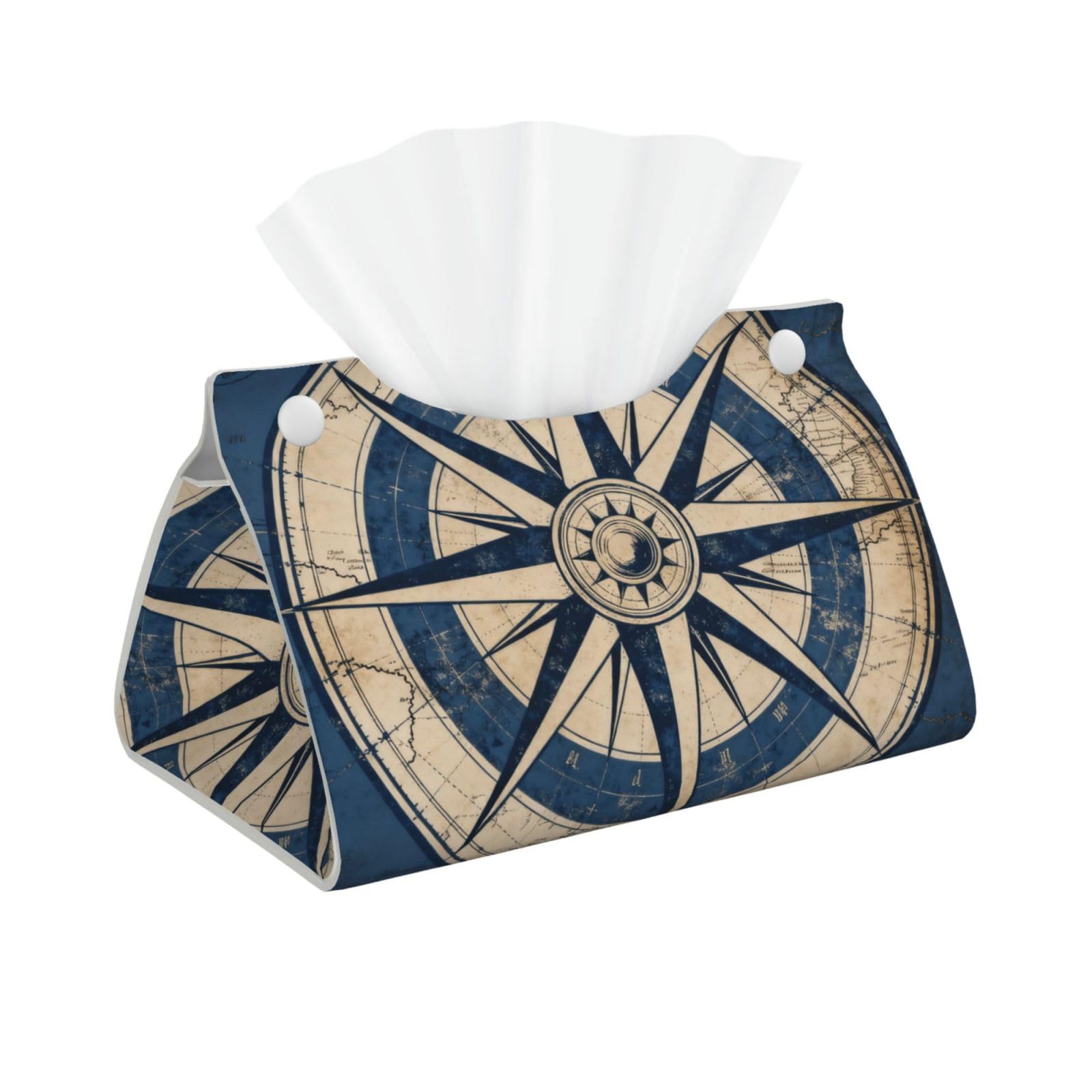 Compass Rose Design Long Leather Tissue Box Cover-Waterproof PU Leather Tissue Holder for Bathroom, Decorative Rectangular Tissue Case