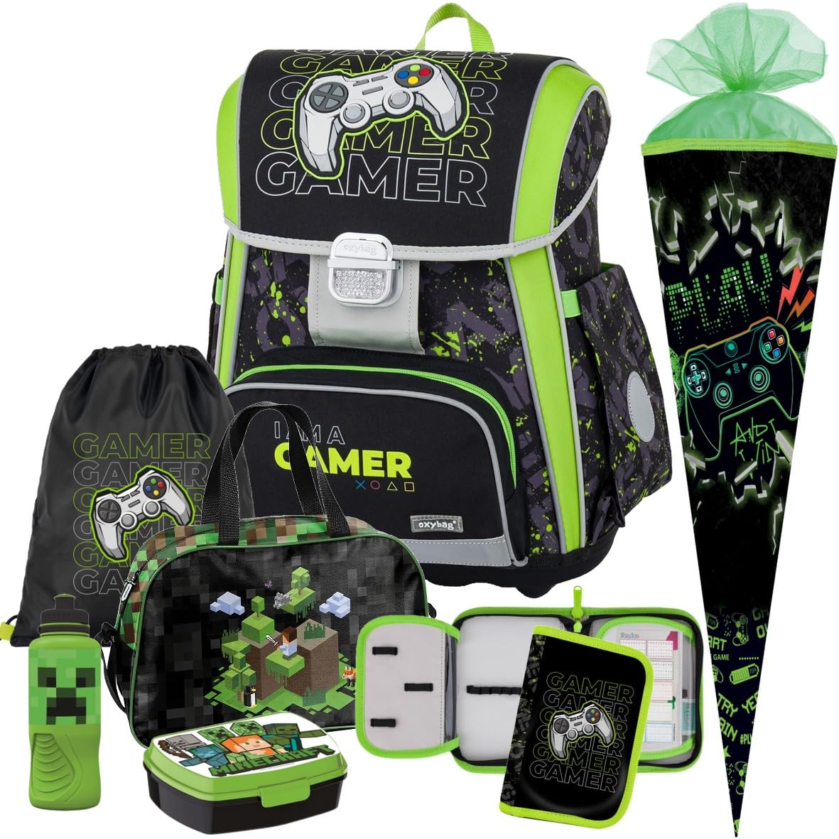 7tlg. Set Gamer mit Sporttasche Brotdose Trinkflasche Schultüte N