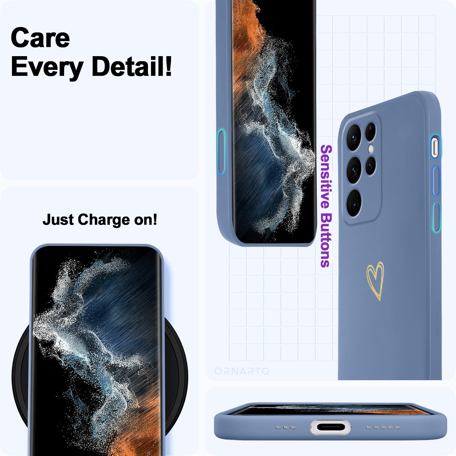 Etui do Samsung Galaxy S22 Ultra 5G ze sznurkiem obrożowym, miękkie etui silikonowe z motywem serca i przenośną smyczą, regulowana, odporna na wstrząsy osłona paska na ramię, niebieska