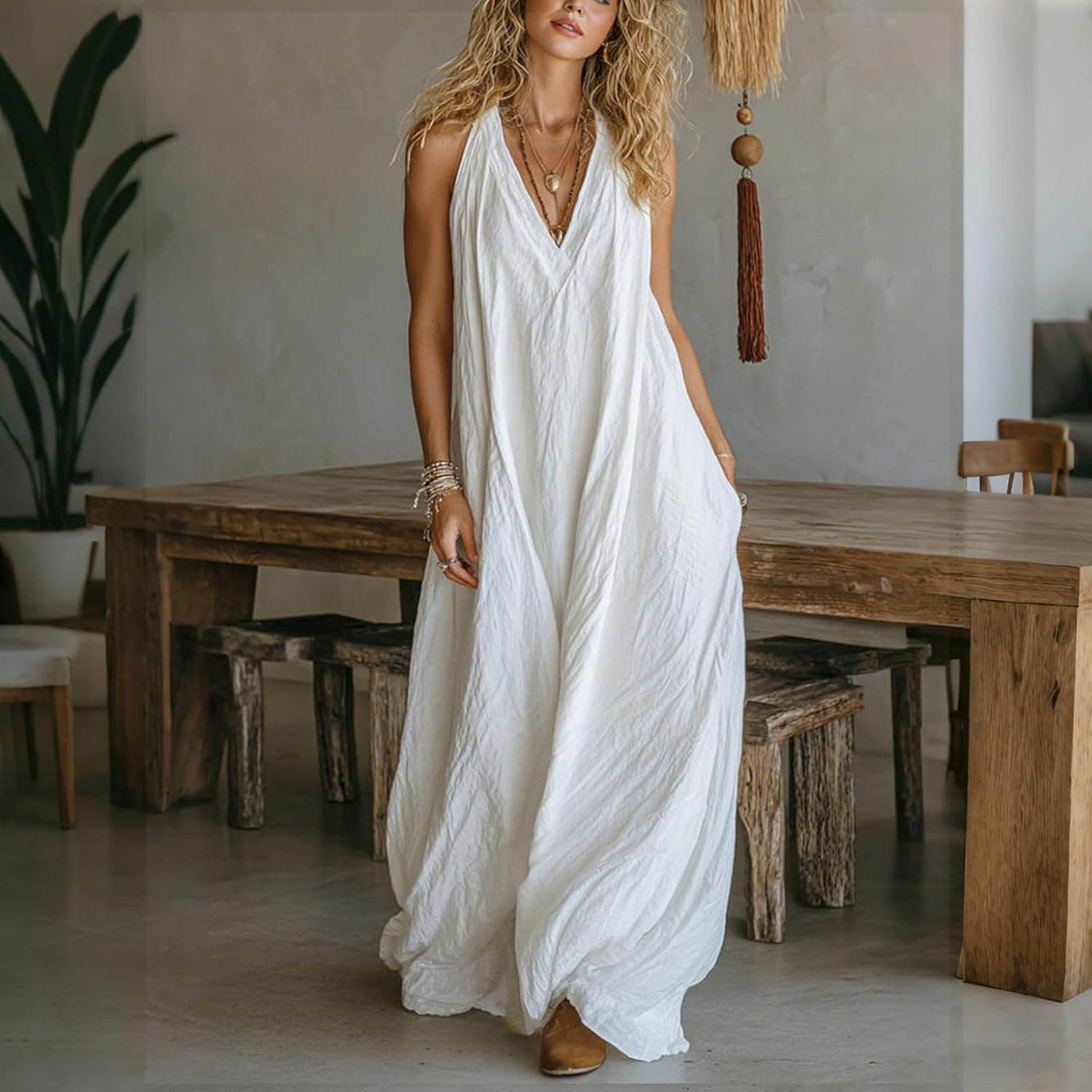 Flowy Dresses for Women Sleeveless V Neck Long Dress Linen Loose Comfy Boho Dresses Summer Vacation Beach Sundresses White
