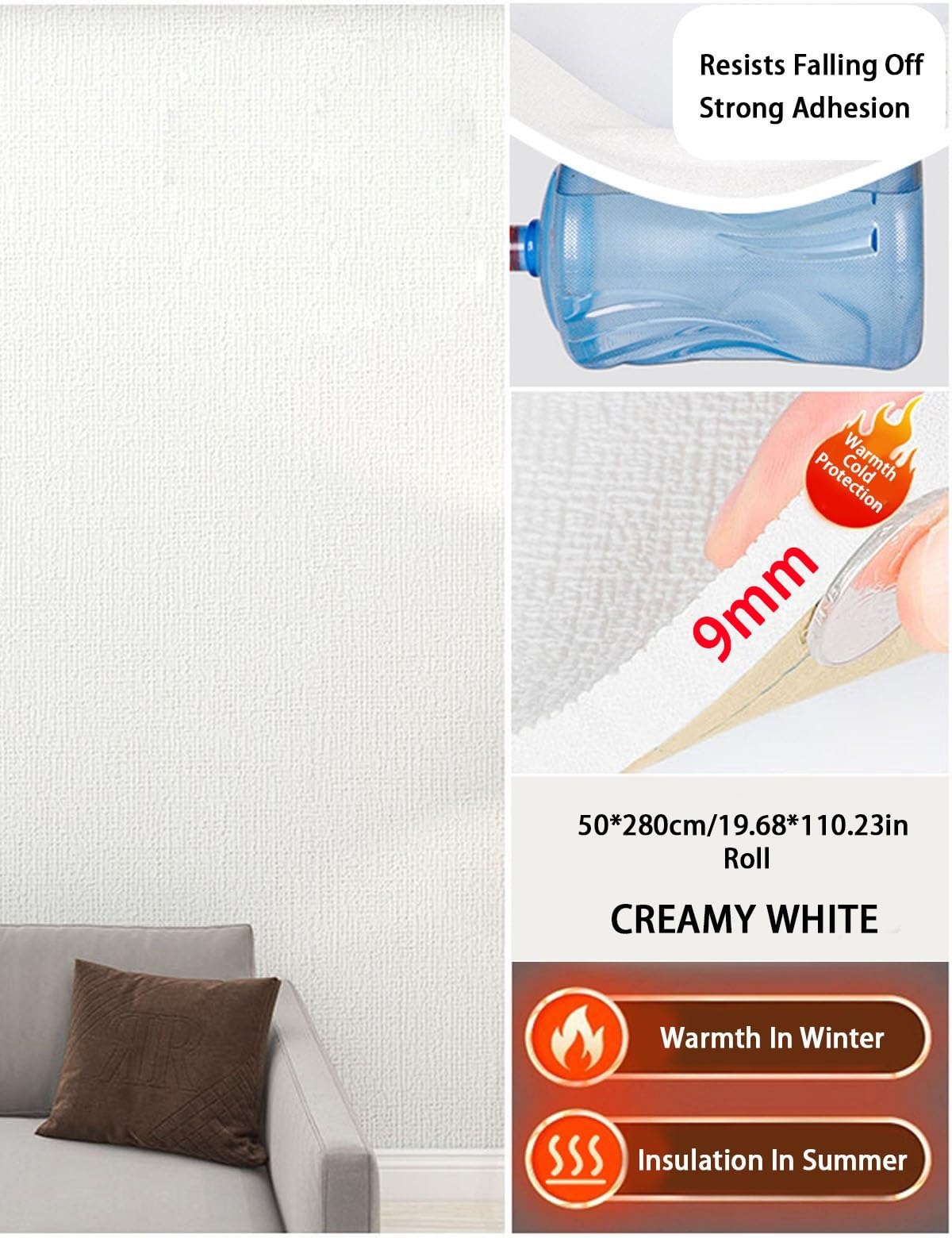 Autoadhesivo Papel de Parede - Antihumedad Placas Aislamiento Térmico, Papel Tapiz 9mm IXPE, Rollo de Pintado Autoadhesivo Pared para el Hogar y la Oficina(Blanco,1 Roll)