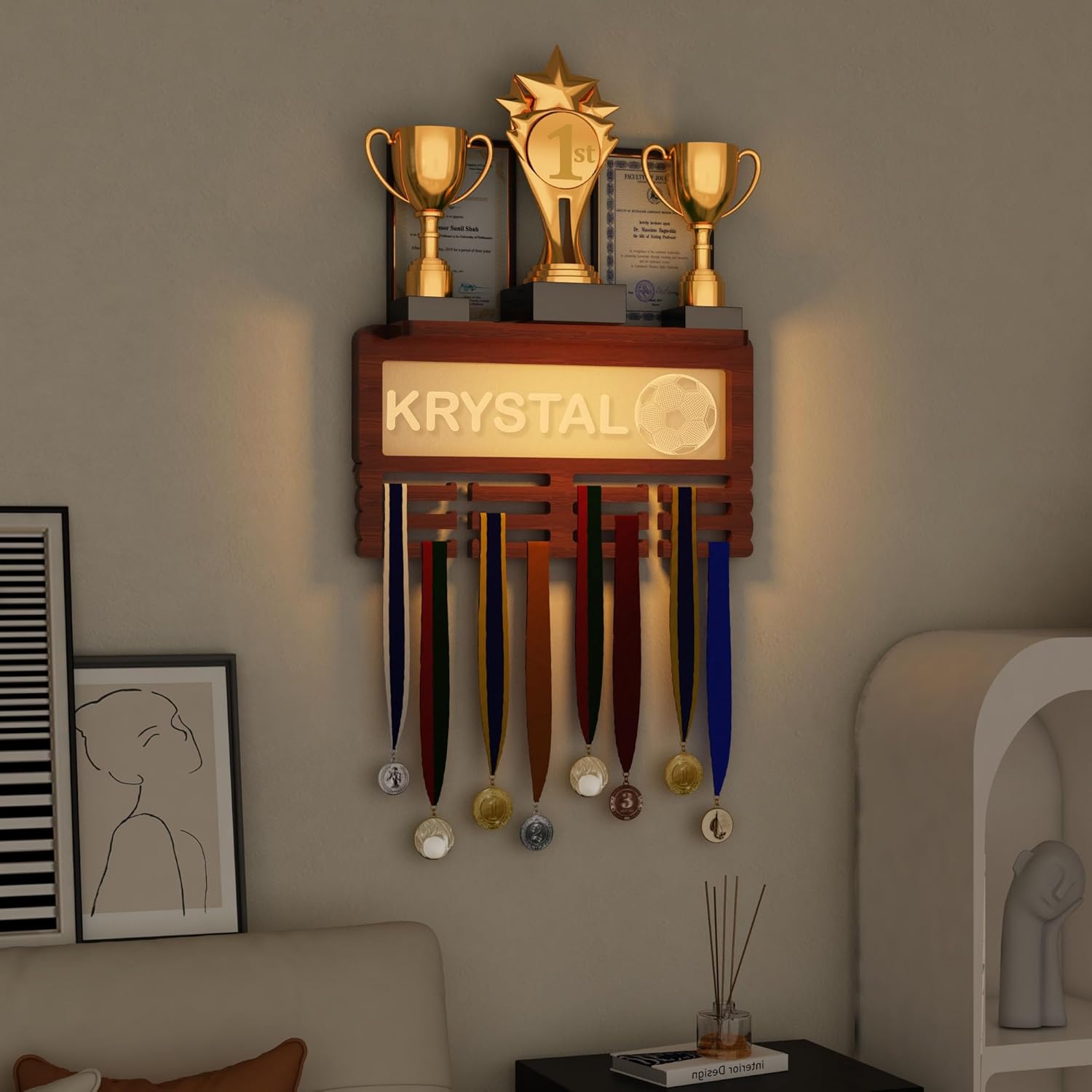CoolGift Mart Customized Light Up Medal Hanger Display, Sports Themed Ribbon Holder for Wall - Tiered Award Rack