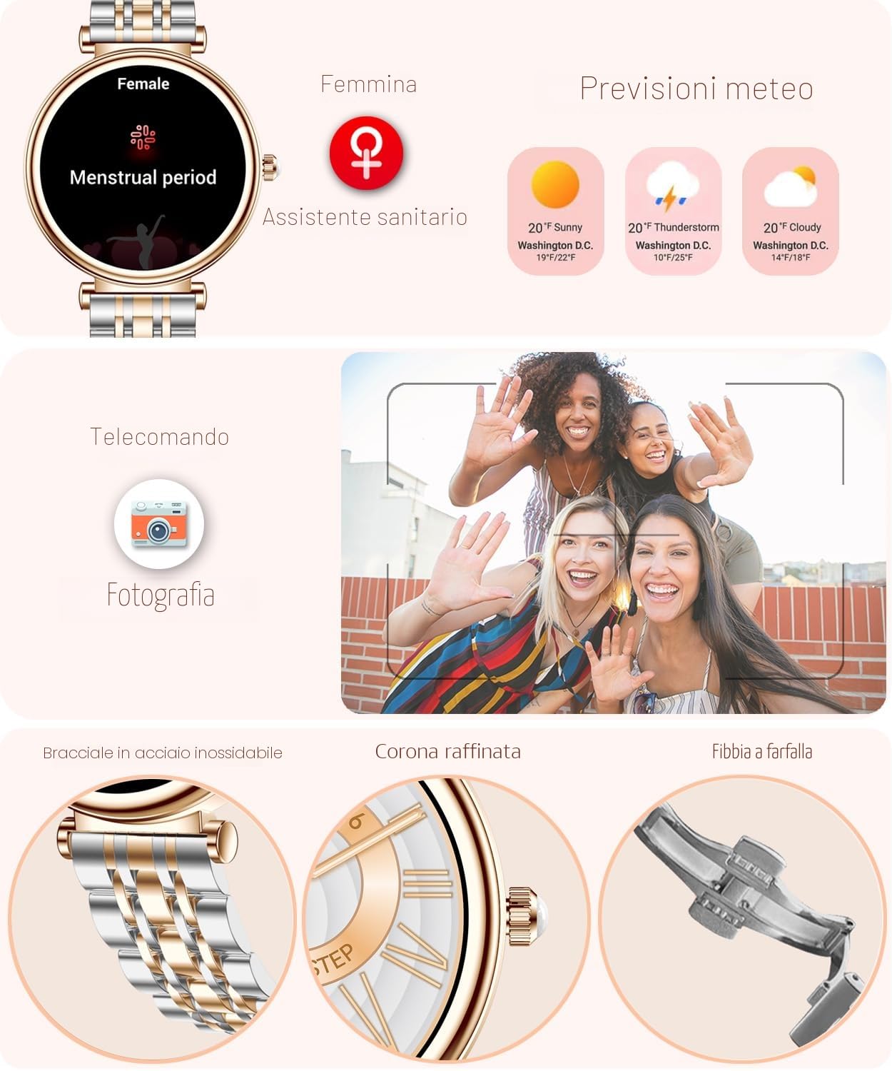 Smart Watch da donna con schermo a colori 1,25 pollici, impermeabile, fitness tracker, oro rosa, cardiofrequenzimetro e monitoraggio del sonno, per Android e iOS
