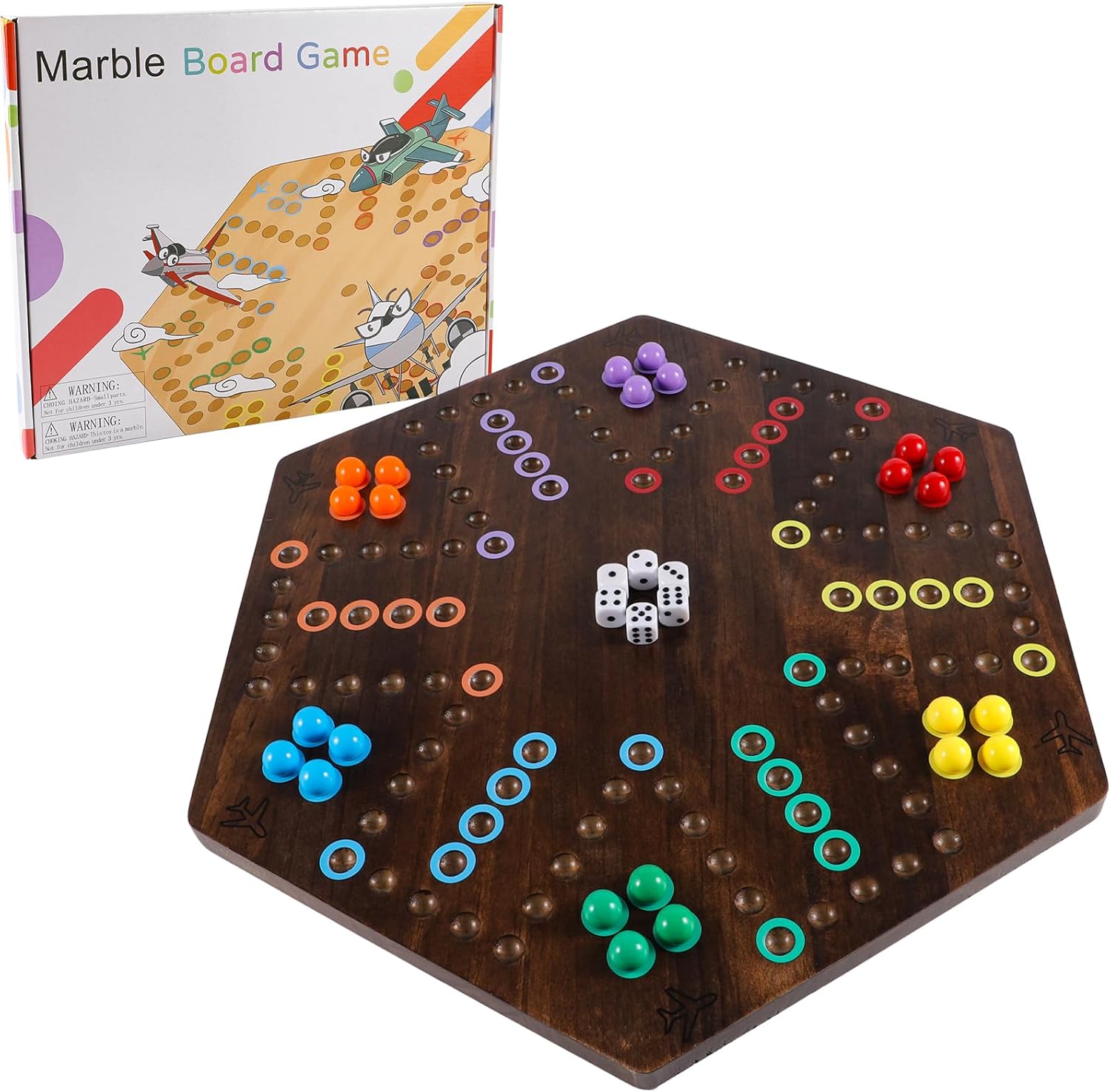 Large Size 20 inches Wood Wahoo Marble Board Game 2 Sided Game 4-6 Player for Friends and Family Party,Classic Stragecy Trouble Game with 6 Dices,24 Marbles(Rustic Brown) Large?flame