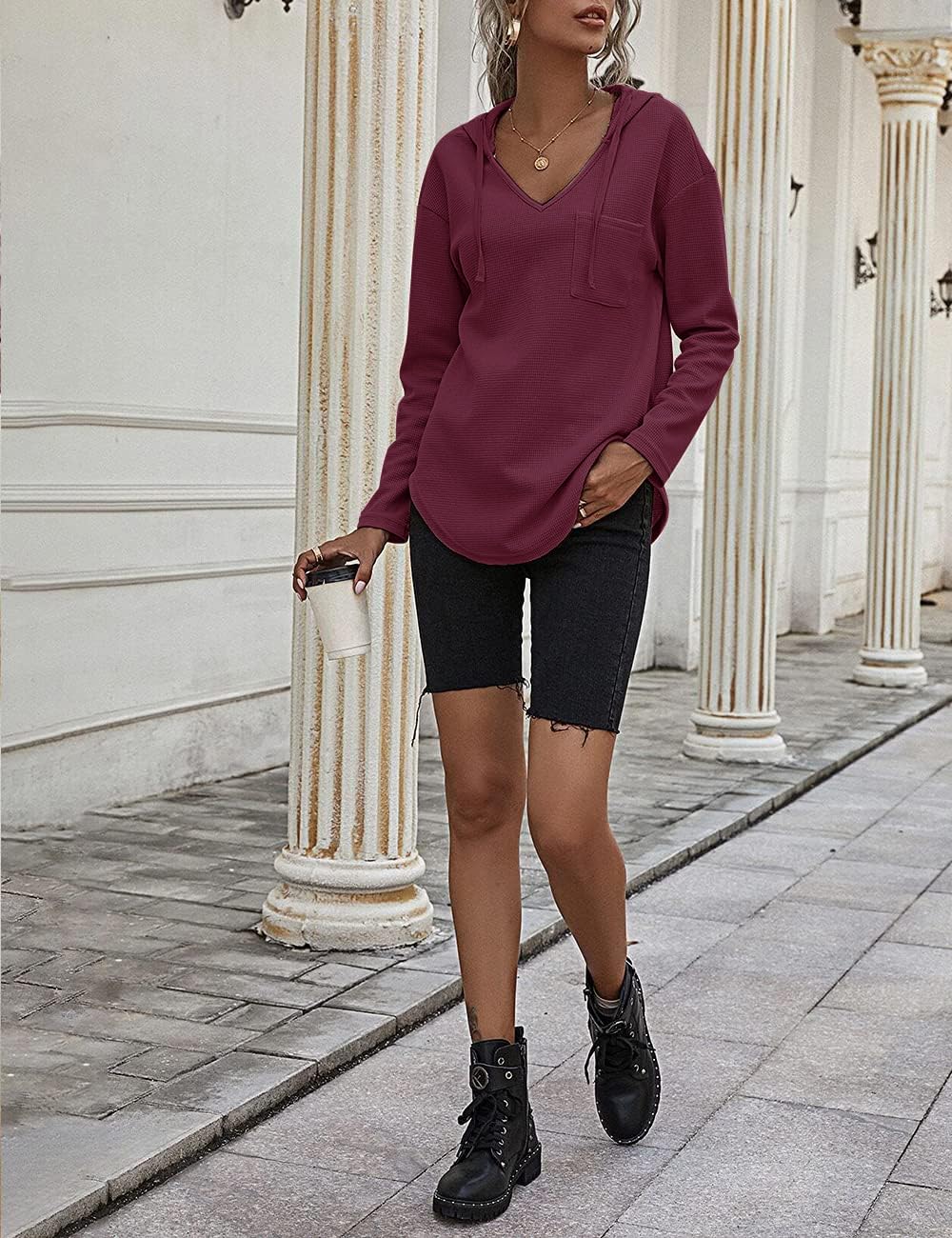 Cuptacc Felpa Donna con Cappuccio 2024 Maglione Scollo A V Autunno Maglia Manica Lunga Camicia Elegante