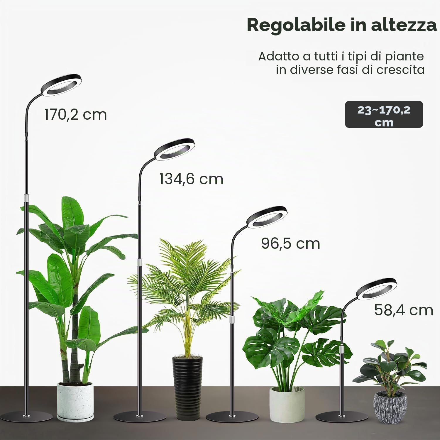Garpsen Lampada per piante, Lampada LED per piante a spettro completo con supporto, 3 colori Grow Light con Timer 6/12/16H, 5 livelli di intensità regolabili, 58cm~170cm Altezza regolabile per piante