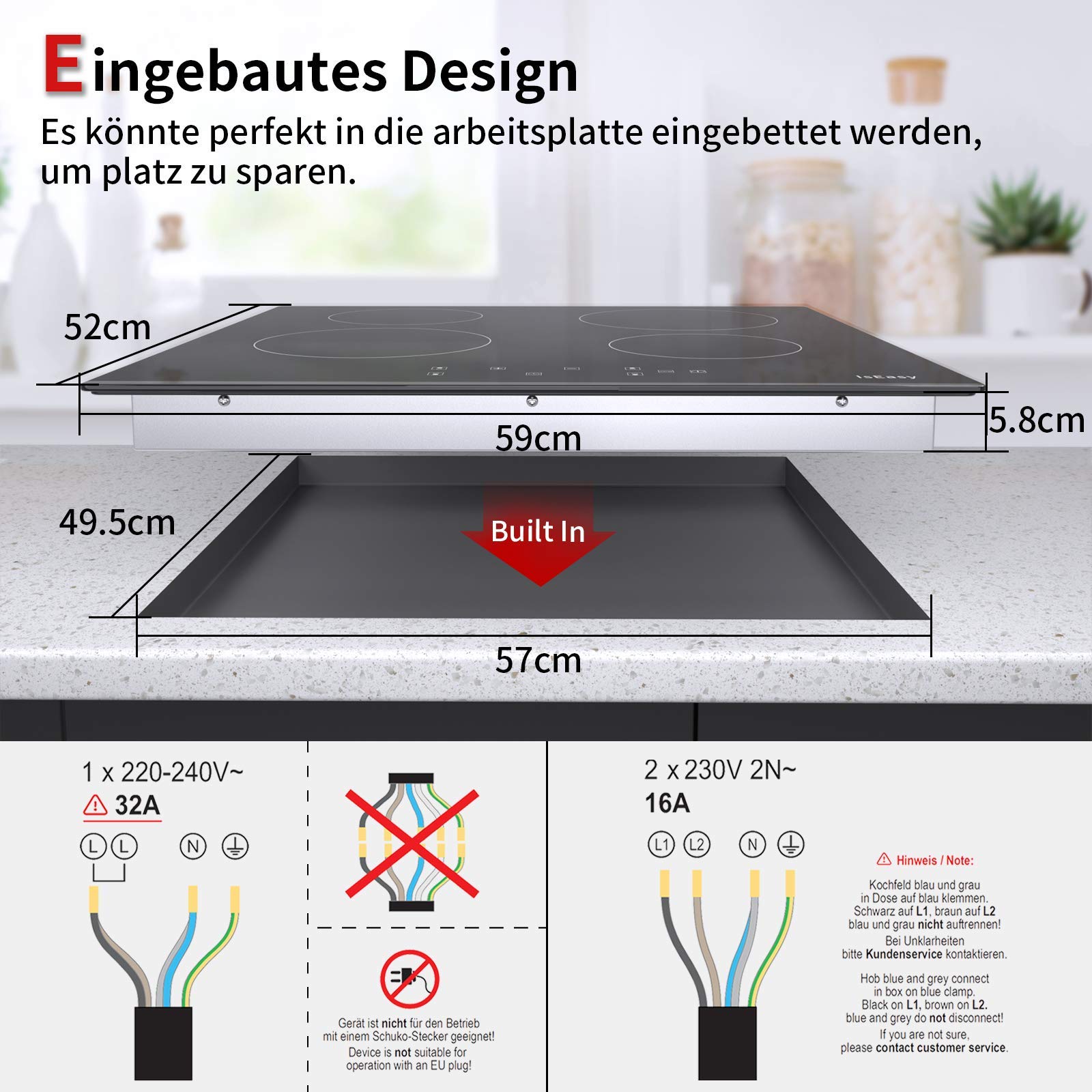 IsEasy Płyta grzewcza ze szkła ceramicznego, 6000W 59cm, 4 strefy gotowania, okablowanie, wbudowana elektryczna niezależna bezramowa, 9 poziomów grzania, pasuje do większości garnków