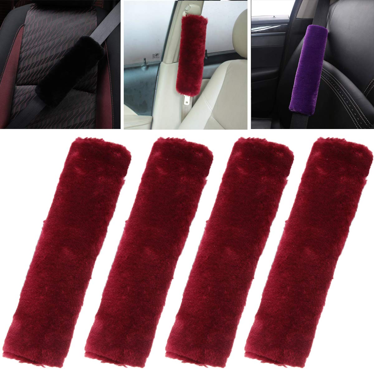 OHHMNKK 4 Pack Car Seat Belt Pads Shoulder Cover Baby Safety Belt Protector with Adjustable Soft Plush Strap Protect Neck and Shoulder (Wine)