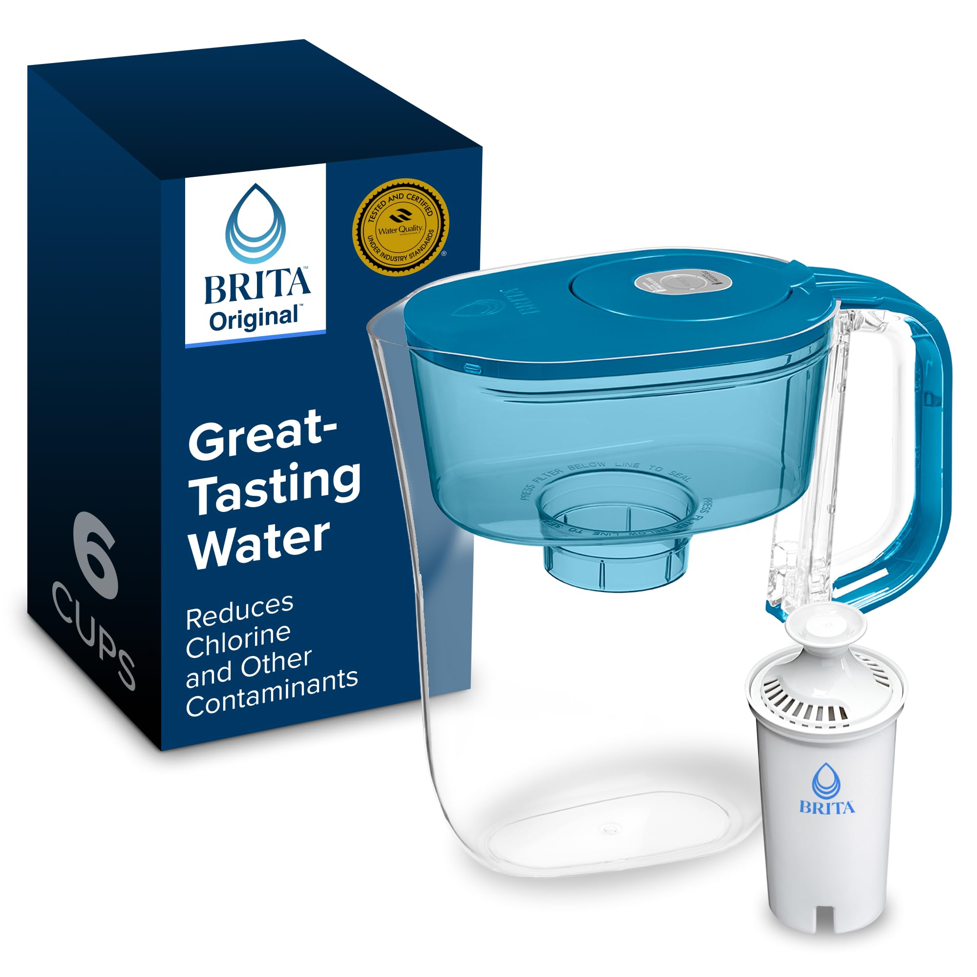 Brita Small 6 Cup Denali Water Filter Pitcher with 1 Brita Standard Filter Made Without BPA Transparent Teal