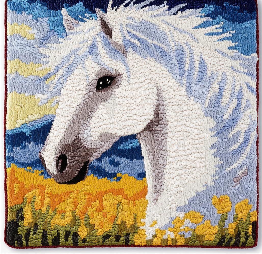 Orlumy White Latch Hook Kits Horse Latch Hook Cushion Kits Diy Cross Stitch Sofa Cushion Cover With Latch Hook Tool Fit For Teenager And Adults Latch Hook Cushion Cover Kit 43X43cm