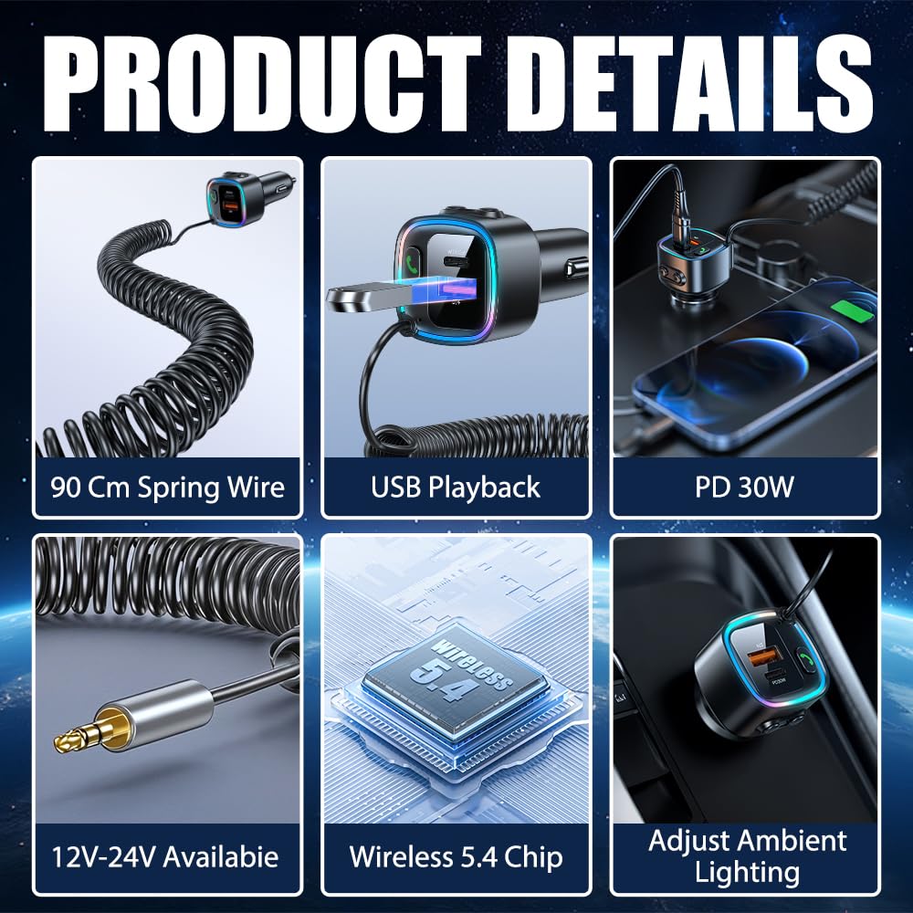 Bluetooth Auto, Trasmettitore Bluetooth Per Auto 5.4 Con Jack Da 3,5 Mm, Aux Bluetooth Auto Usb C Aux Per Auto Per Chiamate In Vivavoce e Musica Wireless Compatibile, Suono Hi-Fi Bass Rgb Ambient