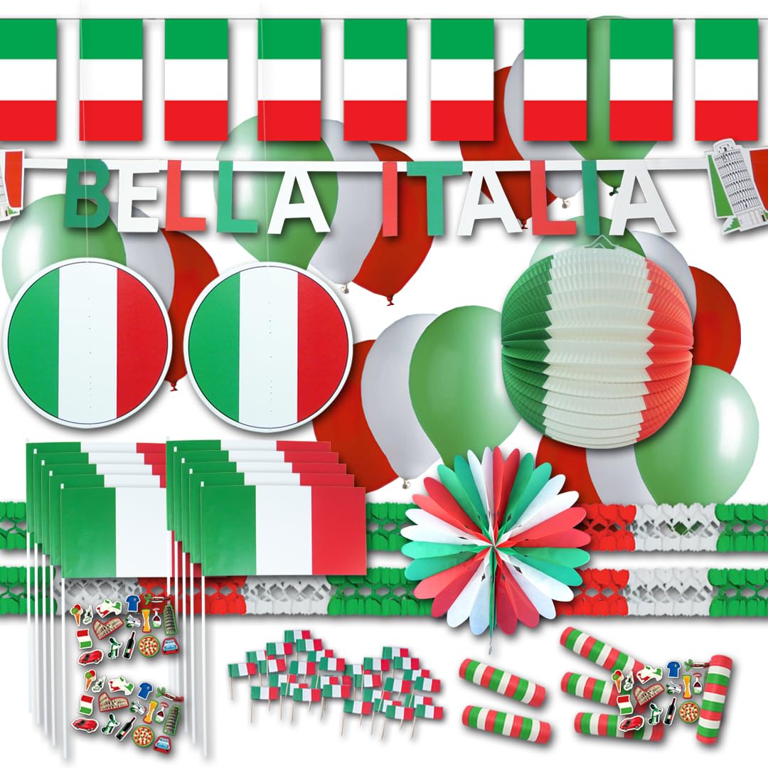 Italien Deko Set groß – Partydeko Italien Flagge mit Girlanden, Rosette, Fahnenkette, Luftballons, Lampion, Bella Italia Buchstabenkette, Tischdeko, Fähnchen & Luftschlangen