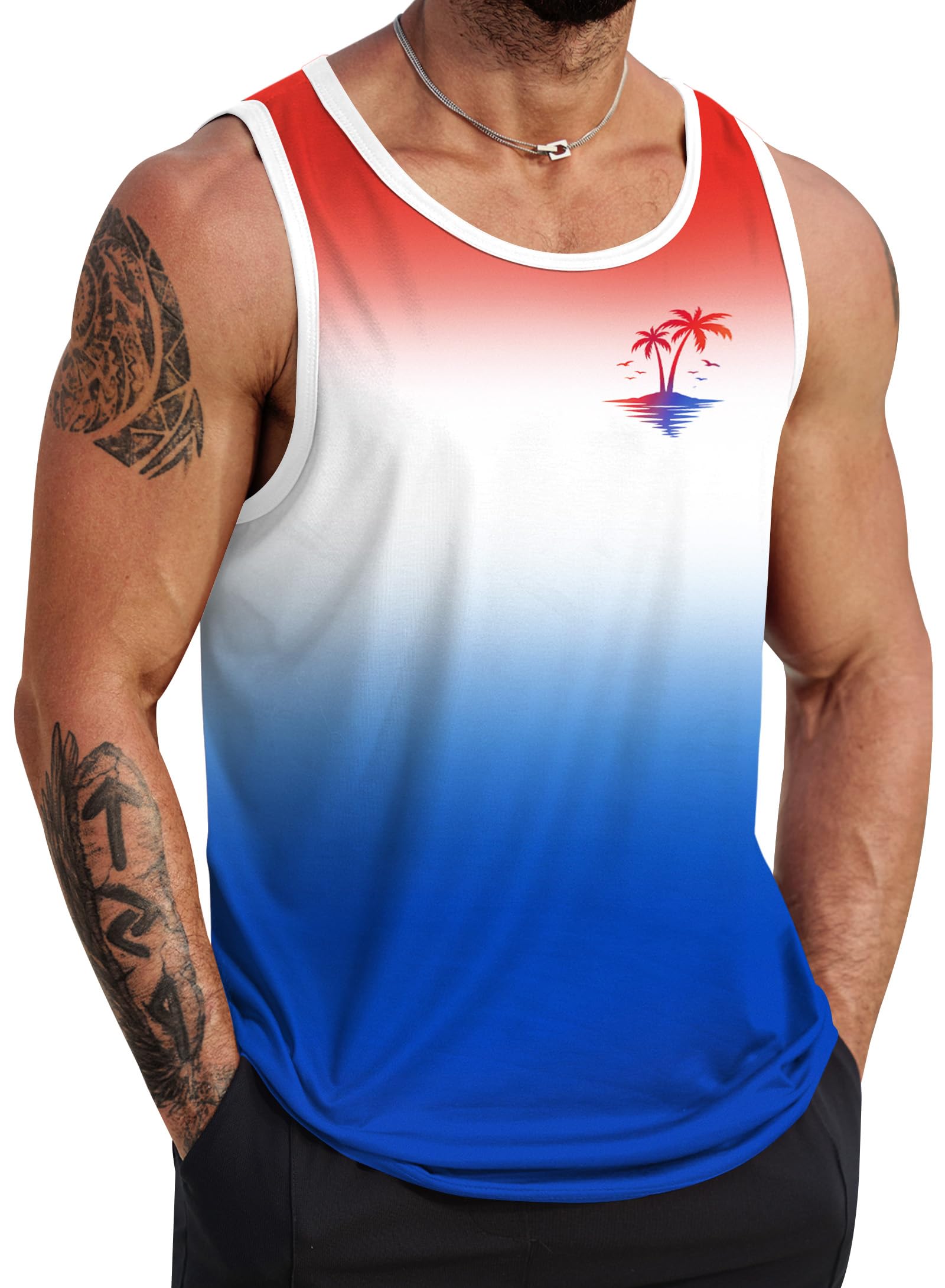 VOGSTART Mens Beach Tank Tops Summer Vacation Graphic Sleeveless Shirts