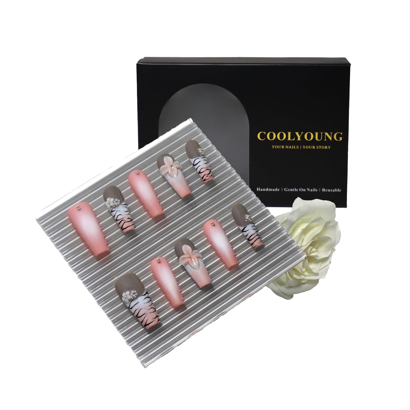 COOLYOUNG Medium Coffin Press On Nails, 3D Nail Art, Infatuation, Floral Press On Nails, Coquette Nails, 10 Pieces Press On Acrylic Nails with 1