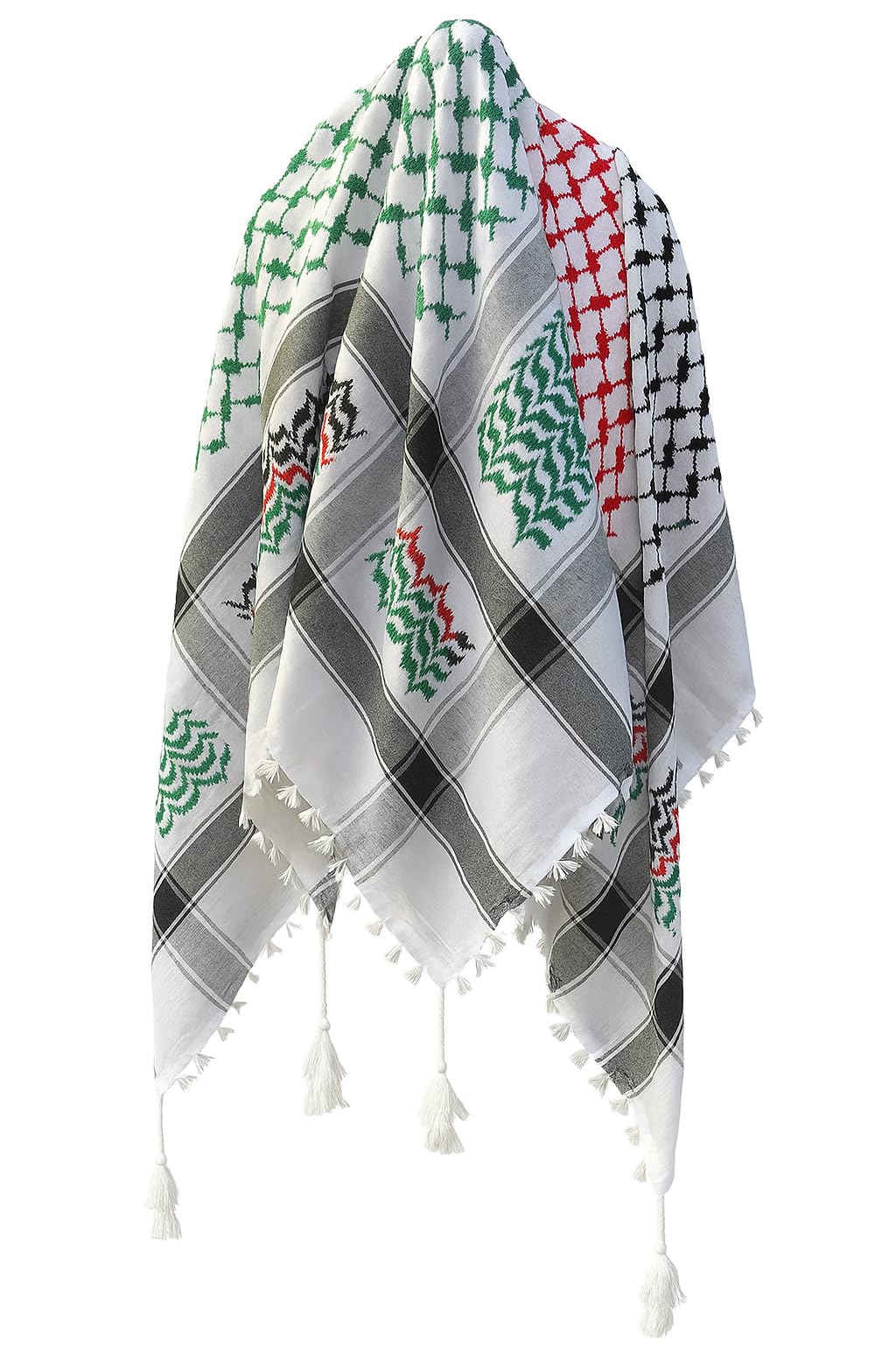 Palestine Keffiyeh Arafat Scarf, White and Grey with Embroidered Pattern, Red and Green Indian Accents, Tasseled Edges