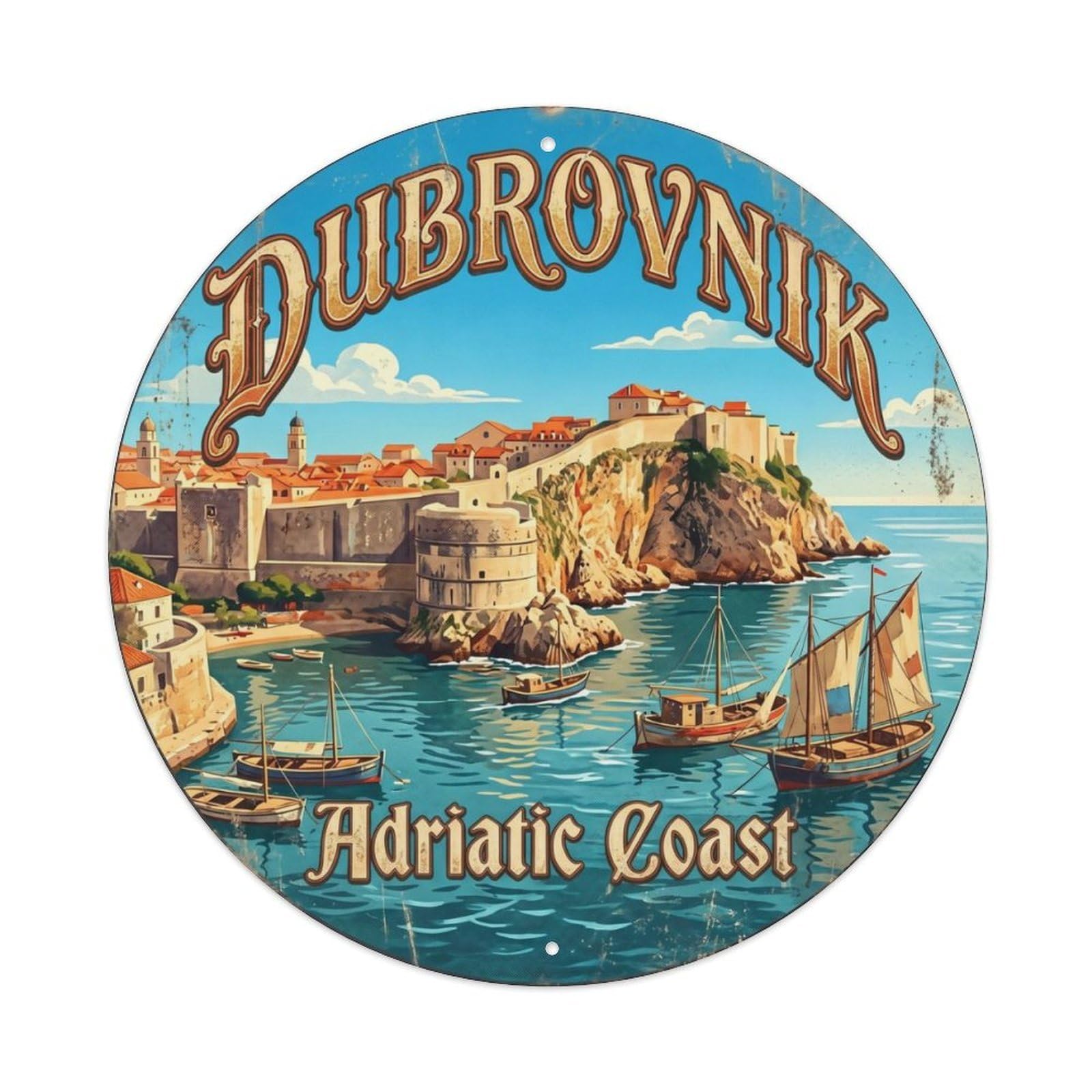 Vintage Travel Dubrovnik Walled City Metal Tin Sign Plaque Wall Decor for Cafe, Club Bar, Office, Home Garden Round Metal Poster 8x8Inch