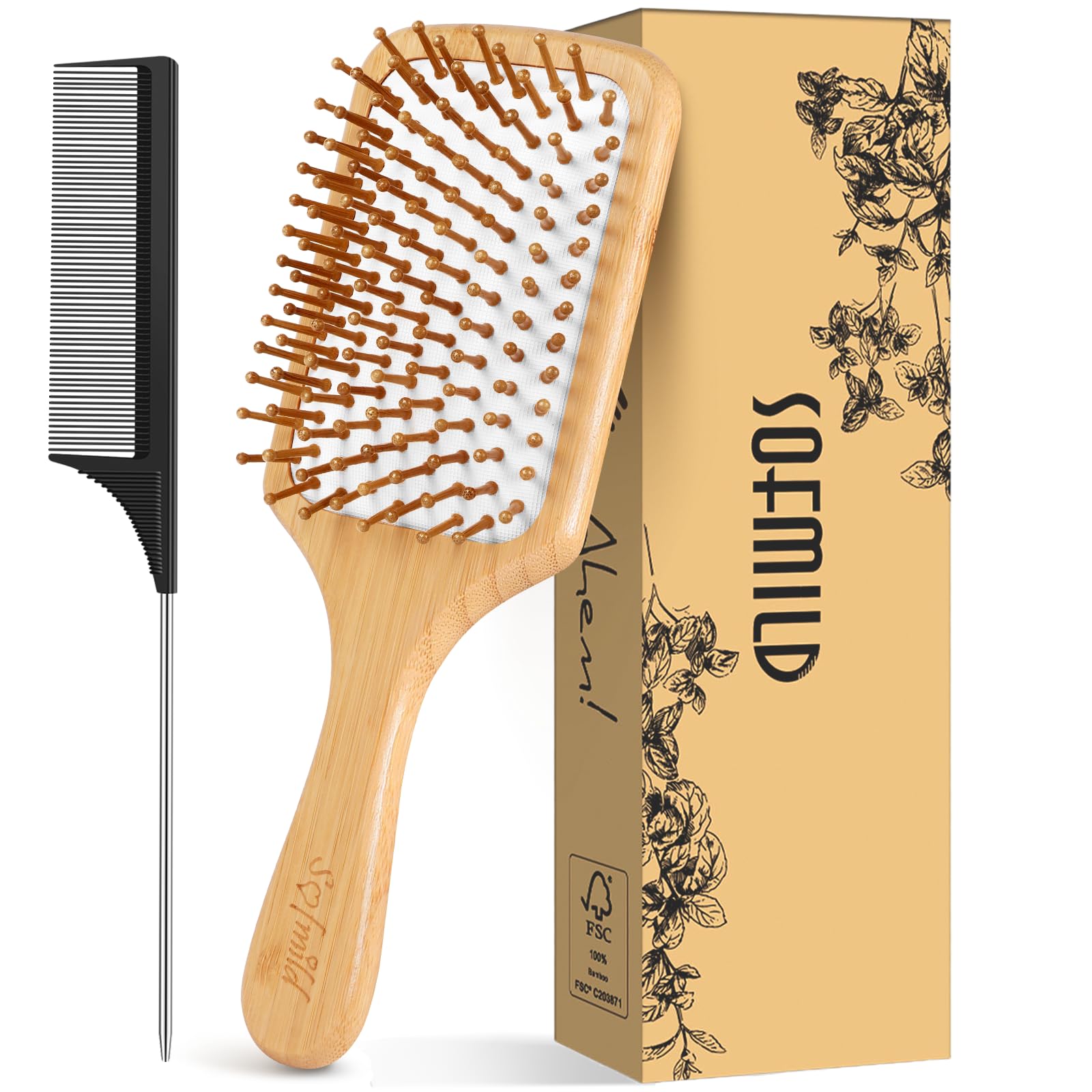Hair Brush, Eco-Friendly Natural Wooden Bamboo Paddle Hairbrush for Long Short Curly Thick Thin Hair for Men Women Kids, Massaging Scalp, Reducing Tangle & Hair Breakage, Promoting Hair Growth