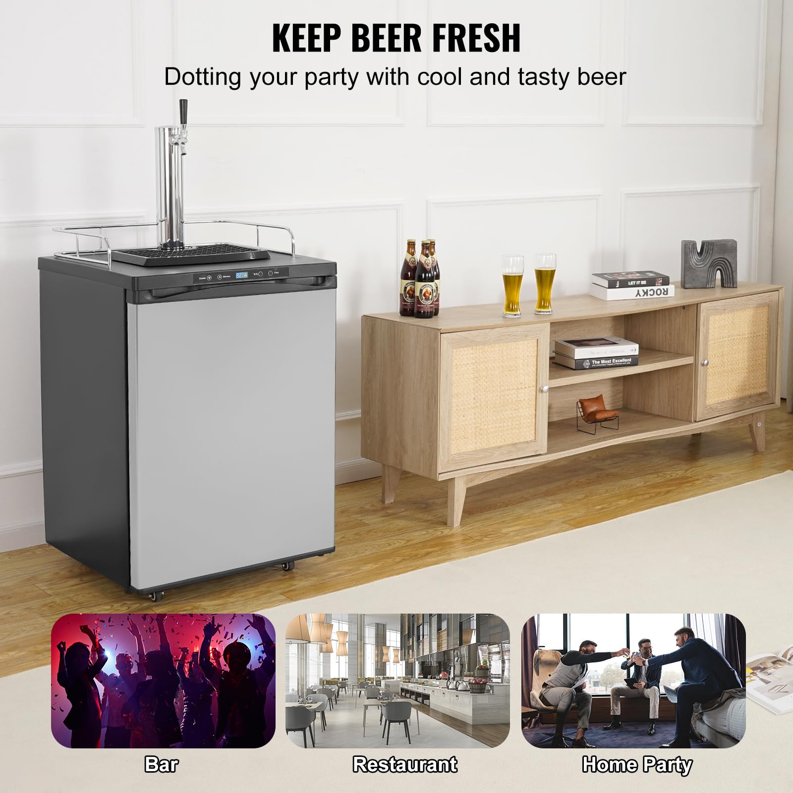 Happybuy Beer Kegerator, 162l Single Tap Draft Beer Dispenser, Co2 Tank, Temperature Control 23°F-82.4°F, Drip Tray & Shelf, Silver on Fridge.com - View 5