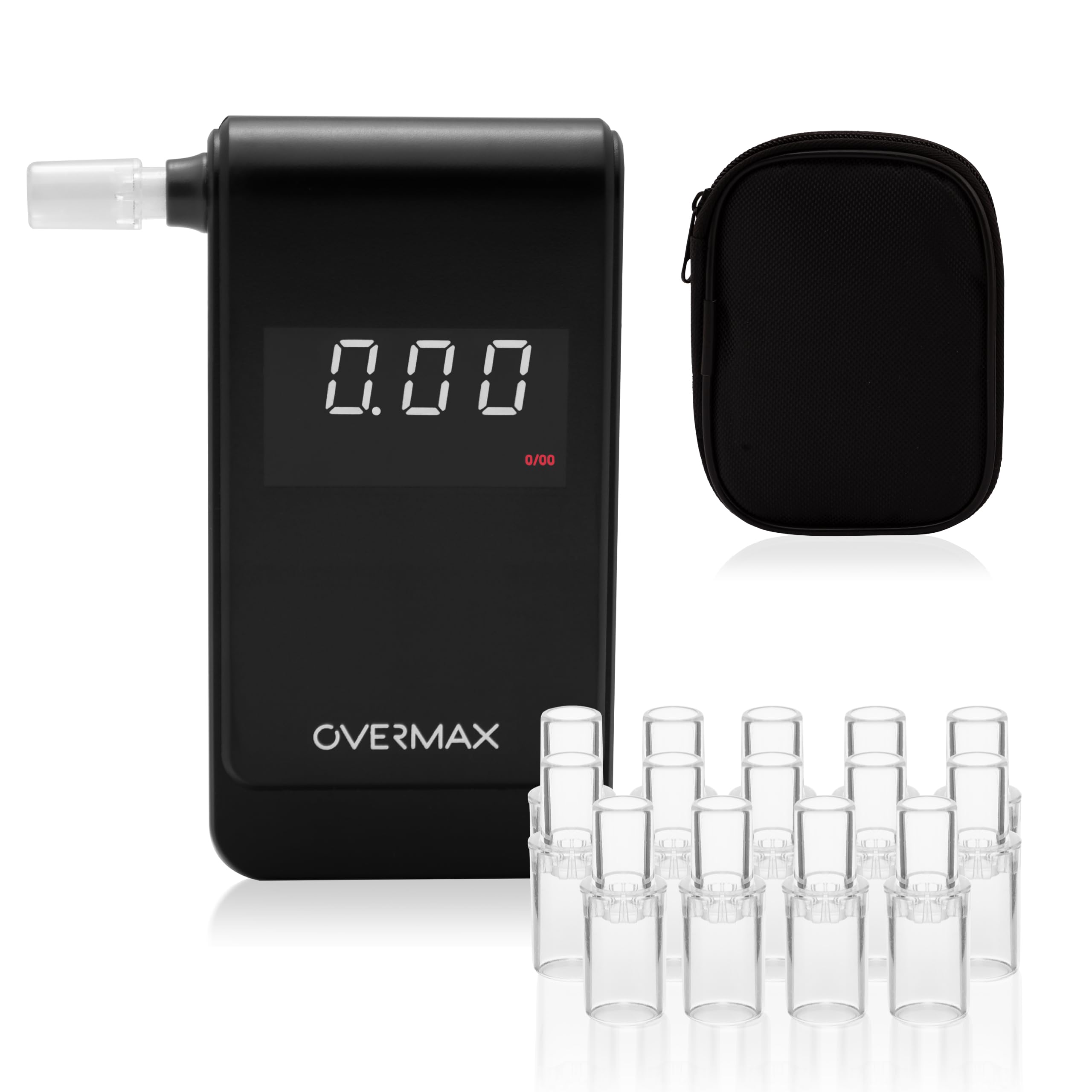 Overmax AD-10 Alcoomètre, Alcootest Personnel, Mesure de Précision +/- 0,05 ‰ / 0,005% BAC, 15 Embouts Buccaux, Temps de Réponse 5 Secondes Mémoire de Mesure, Calibrage, Piles 2 x AAA