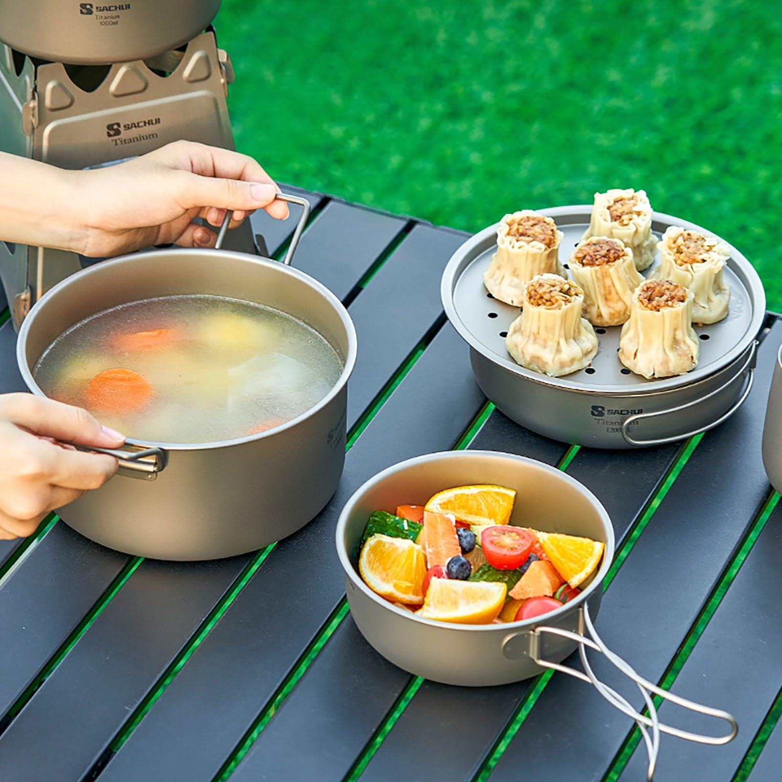 Cocina Camping de Titanio para Acampar, Camping Accesorios para Exteriores, Senderismo Accesorios, olla de Sopa Familiar de Gran Capacidad