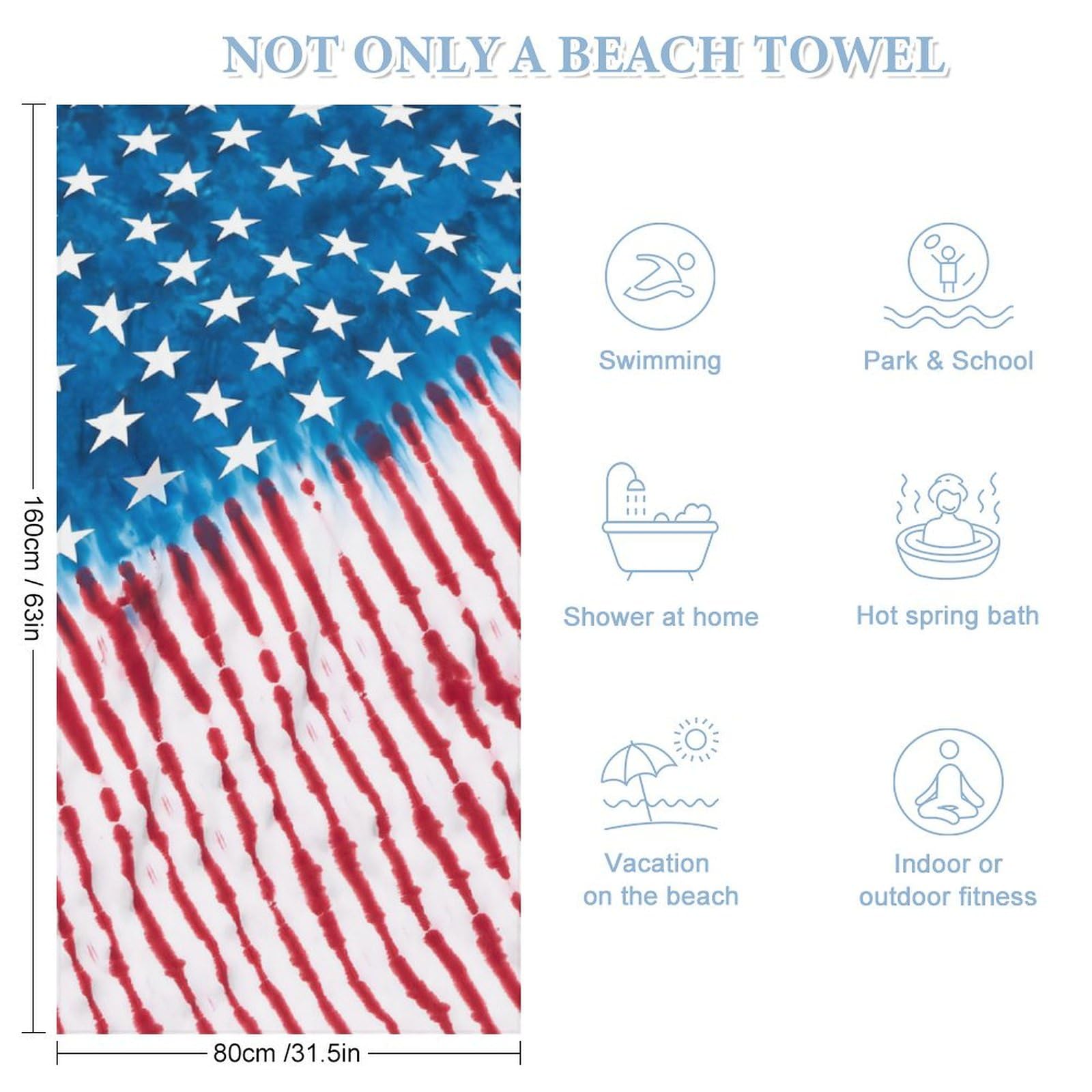 Tie Dye American Flag Microfiber Beach Towel Sand Free Towels Quick Dry Super Absorbent Oversized Large Lightweight Towels for Travel Sports Pool Swimming Bath Camping Yoga Women Girls Adults