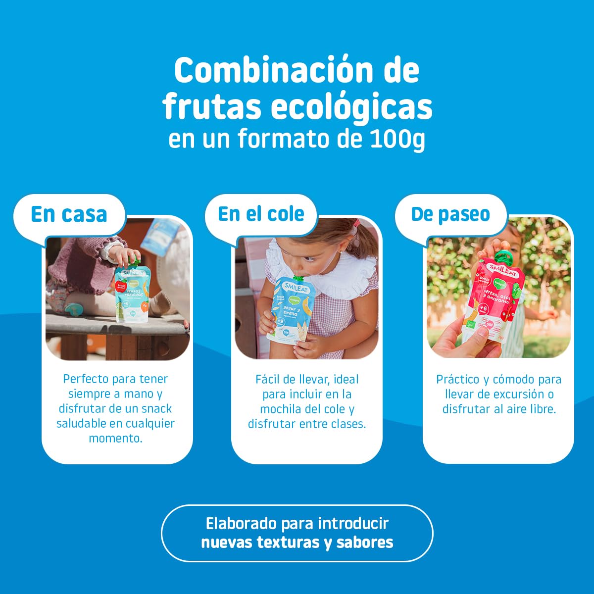 Smileat - Pouch de Frutas Ecológicas - Sin Sal ni Azúcar Añadido, Sin Gluten - Snack Práctico para Peques - Sabor a Yogur Avena